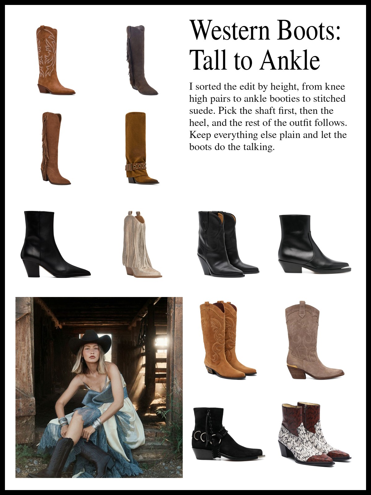 A collage of tall western boots, western ankle booties, suede boots and a snake-effect pair, and a mood photo of a woman in a western hat and boots in a barn.