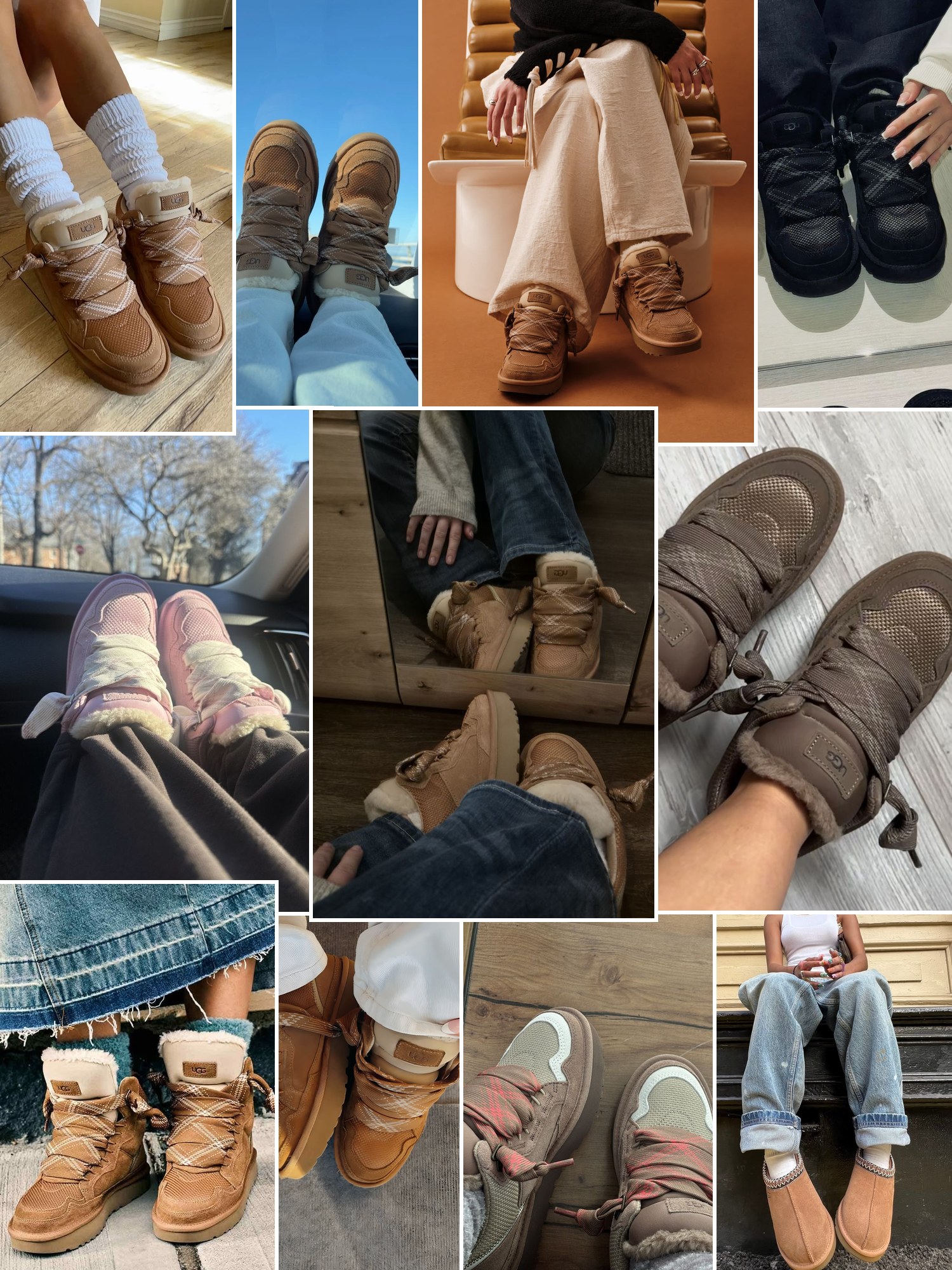 Collage of everyday outfits built around UGG sneakers