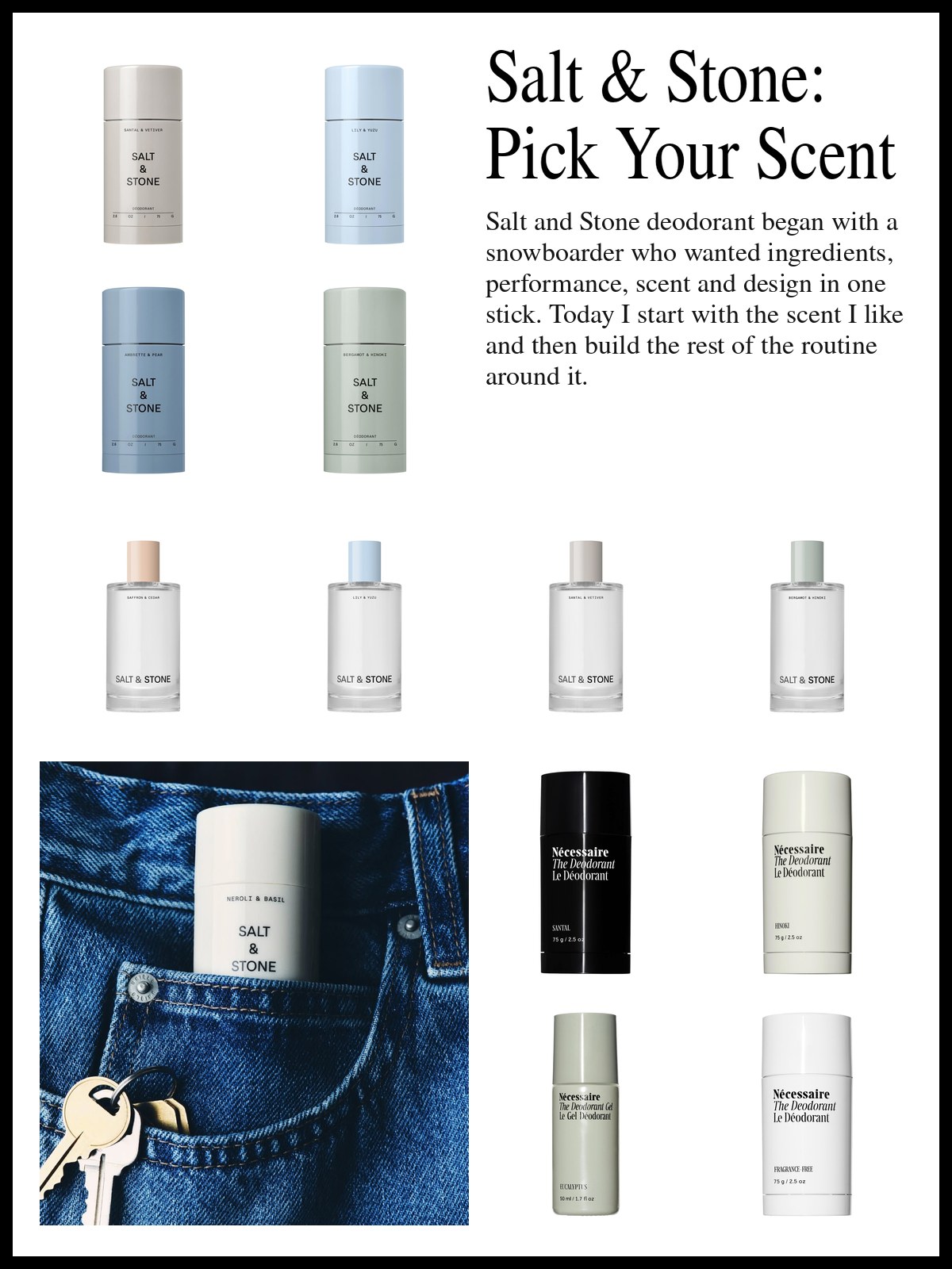 Collage of Salt & Stone deodorant sticks, fragrance mists and body care, and aluminum-free deodorants from other brands, and a mood photo of a Salt & Stone deodorant tucked into a jeans pocket next to a set of keys.
