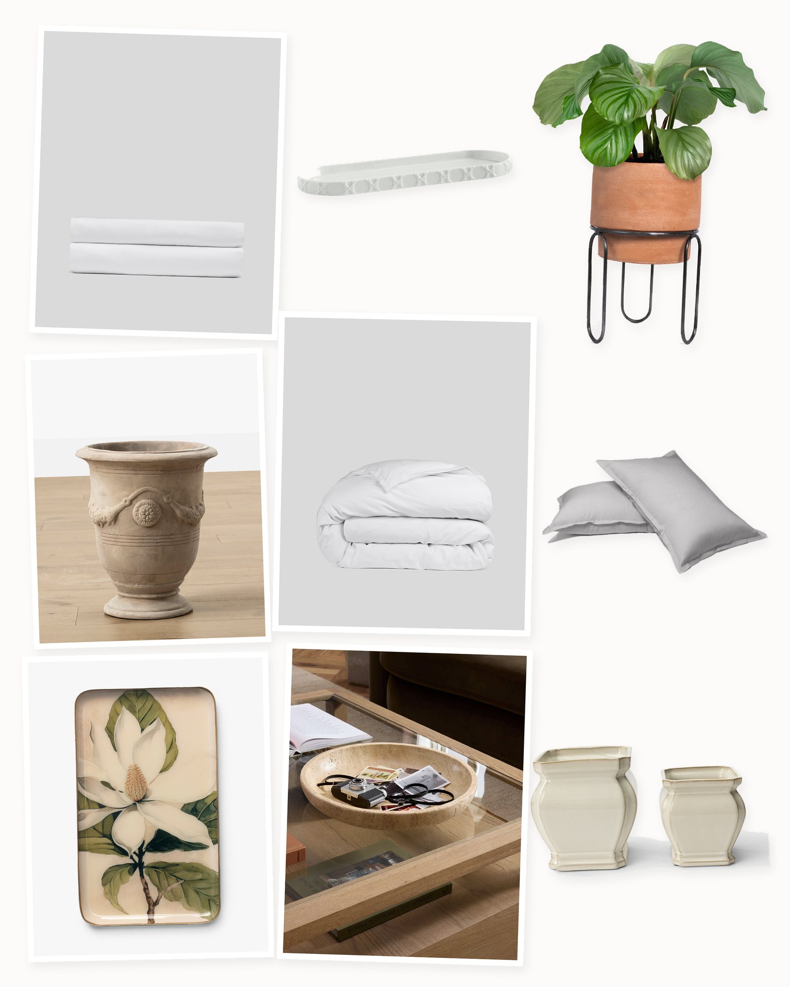 Collage on an off-white background showing Embossed Rattan Porcelain Bath Tray, Jaro Terracotta Planter Pot by Meso, Sateen Duvet Cover in White, Magnolia Enameled Tray, Ornate Terracotta Planter, Sateen Sham, Iverson Glazed Pot, Travertine Bowl by Four Hands and Sateen Fitted Sheet in White.