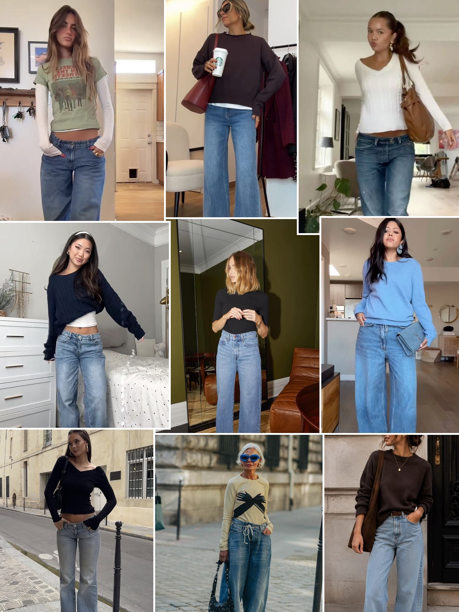 Street style collage of tall women in long straight-leg and wide-leg jeans