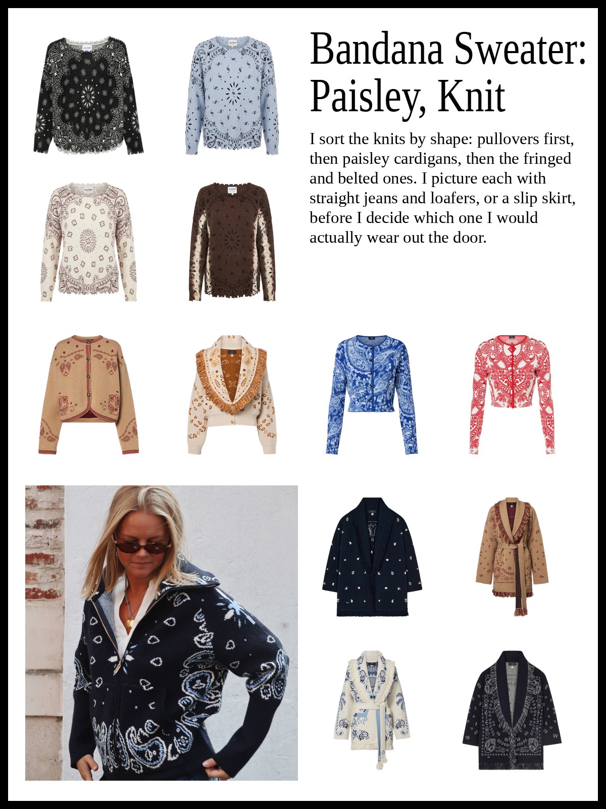 Collage of bandana-print pullover sweaters, paisley jacquard cardigans, and fringed belted cardigans, with a mood photo of a woman in a navy bandana-print knit sweater.