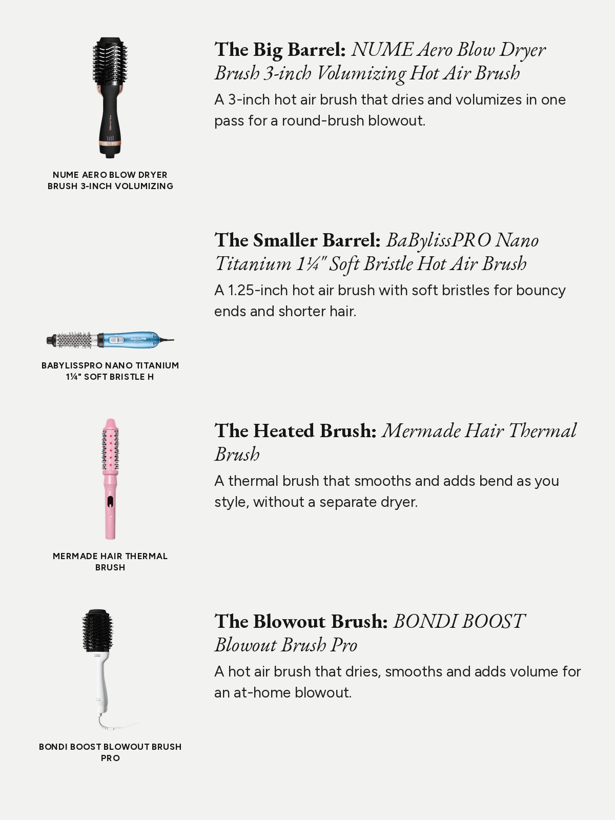 A spec-list collage of NUME, BaBylissPRO, Mermade Hair, and BondiBoost hot air and thermal styling brushes.