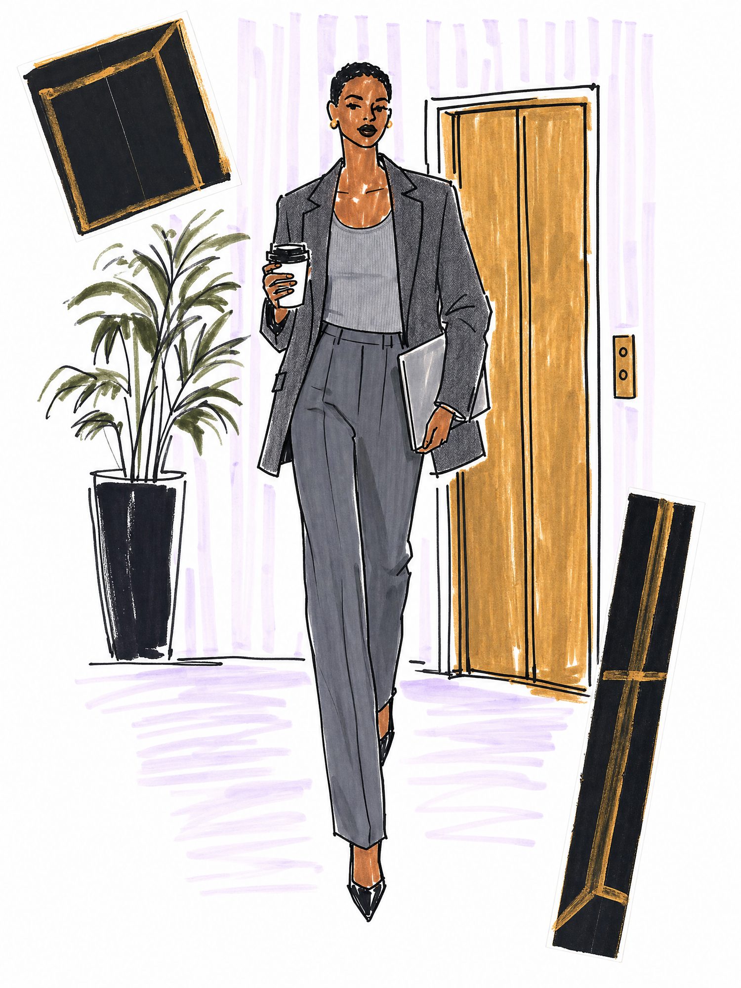 Illustration of a woman in an office lobby in a dark gray herringbone blazer, light gray knit tank, gray pleated trousers and black pumps