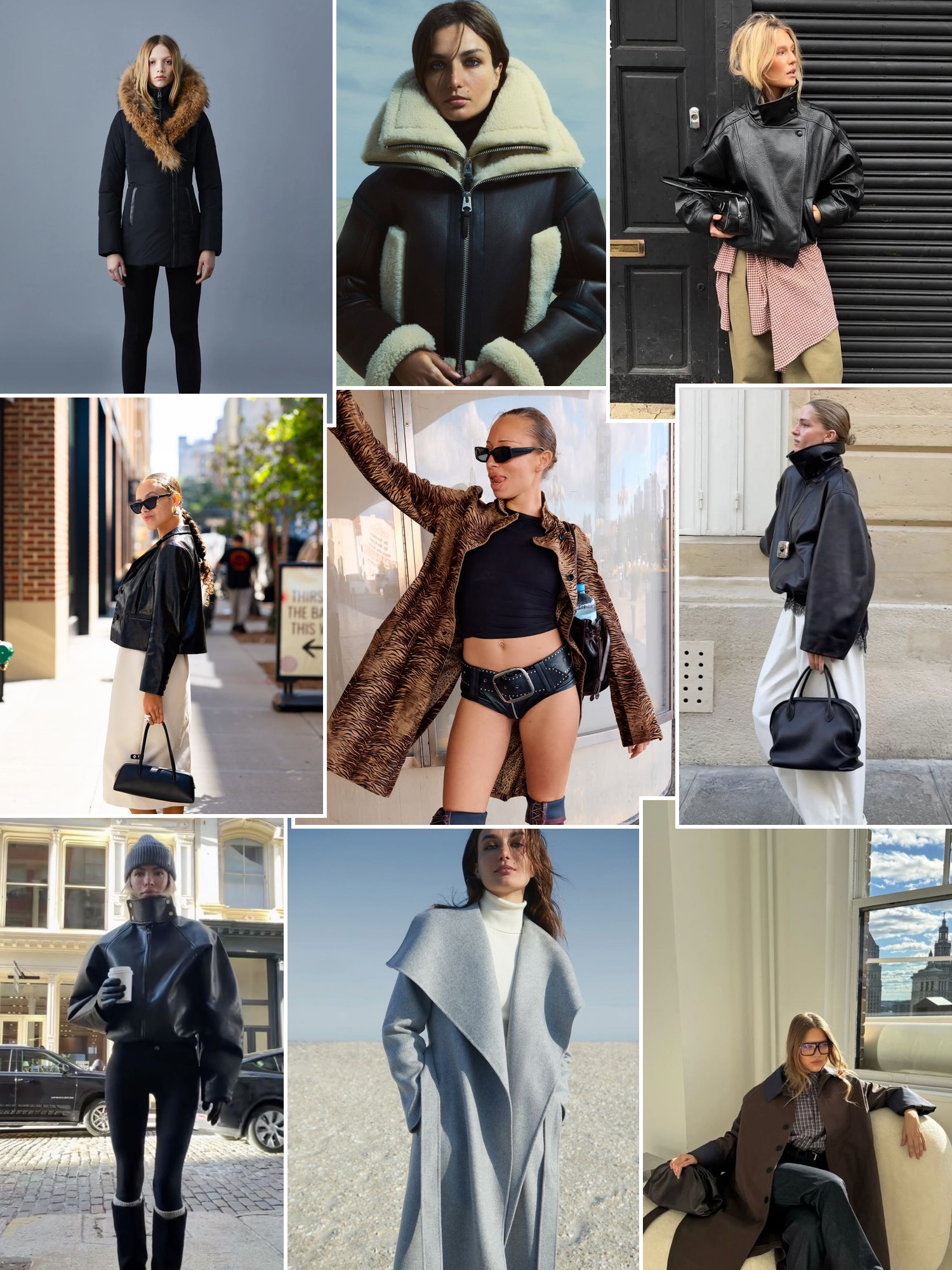 Collage of black puffers, shearling collars and city outerwear looks.