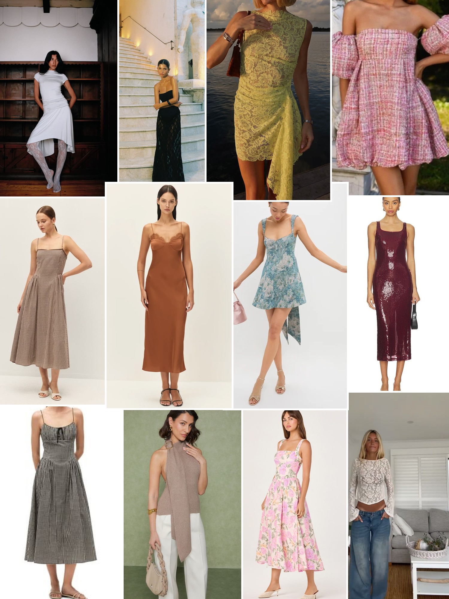 Collage of slip dresses, gingham, lace and relaxed feminine daywear in varied settings.