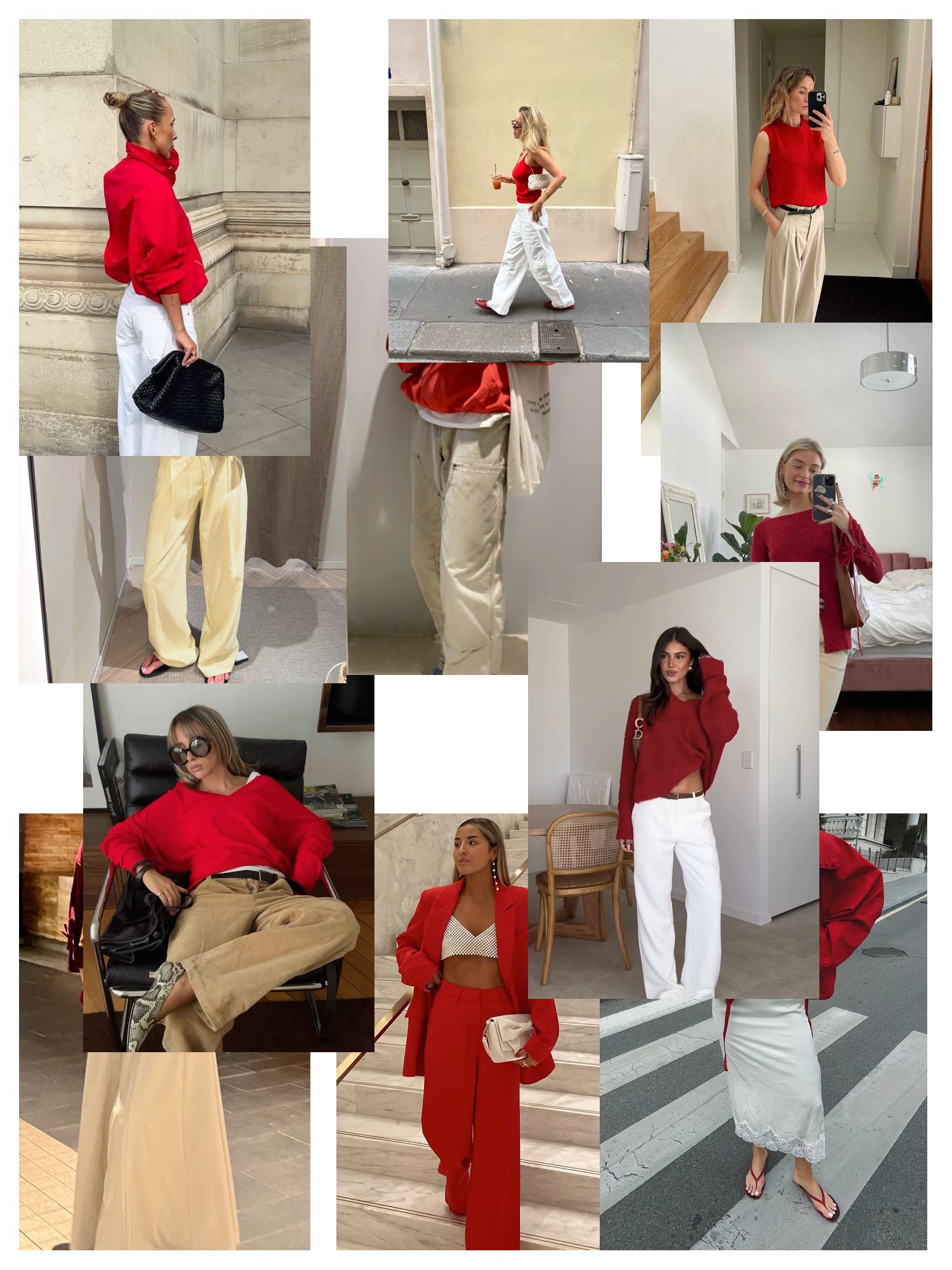Collage of eleven street-style photos of women wearing red and cream outfits, scattered and overlapping on white