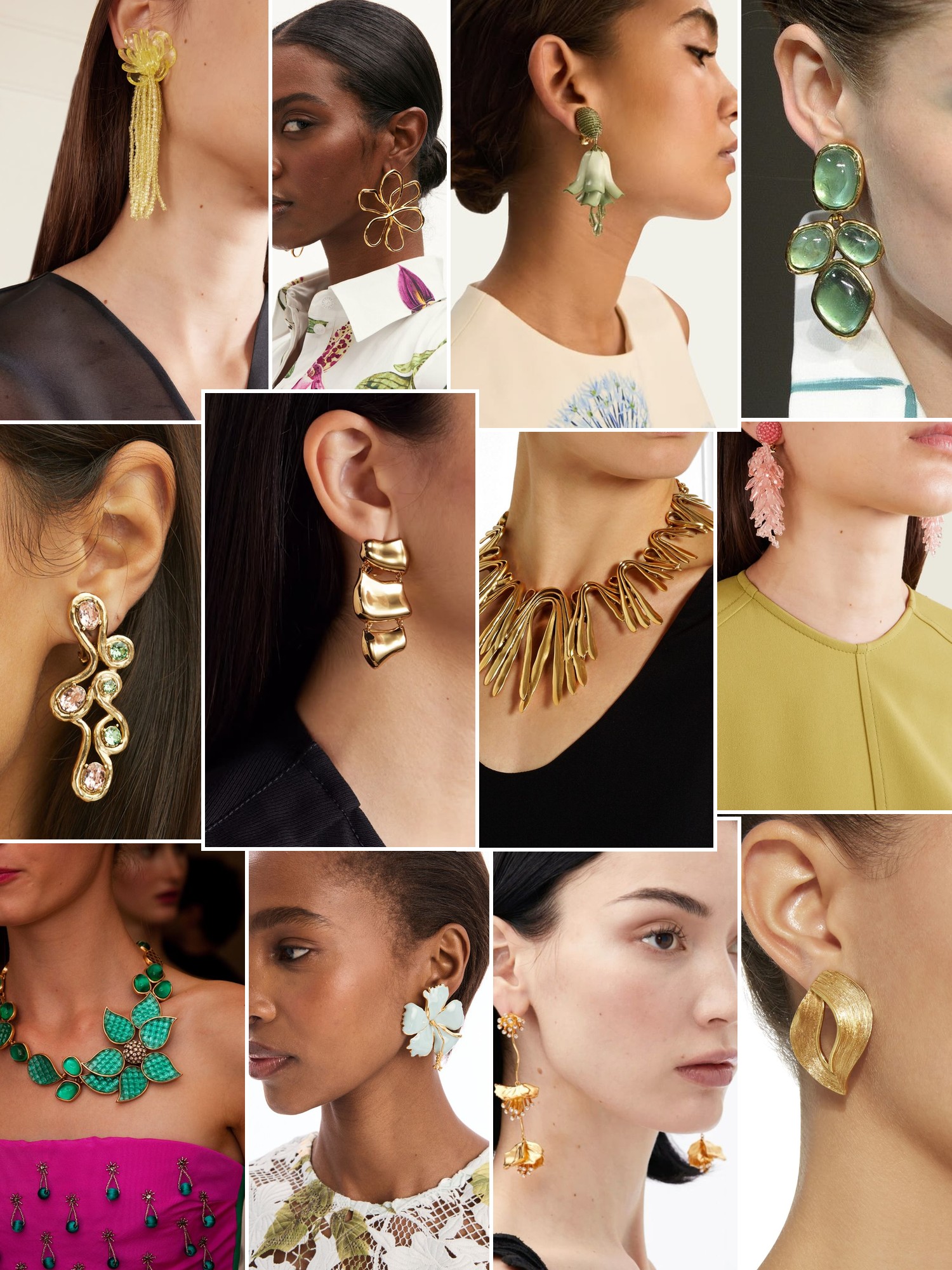 Collage of rings, earrings and layered necklaces worn up close, in the spirit of Oscar de la Renta