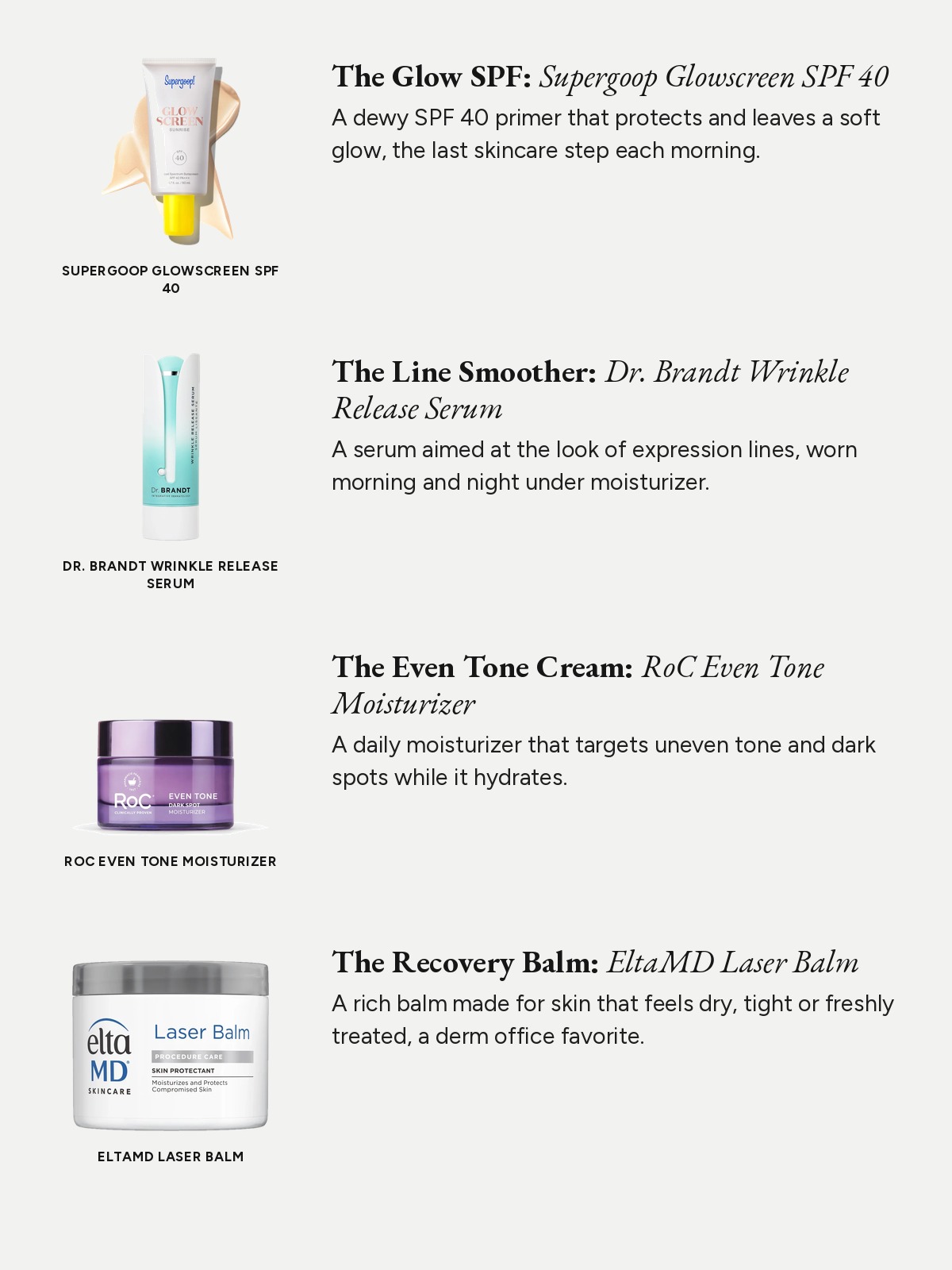 Spec list of four derm-approved skincare picks from Supergoop, Dr. Brandt, RoC and EltaMD