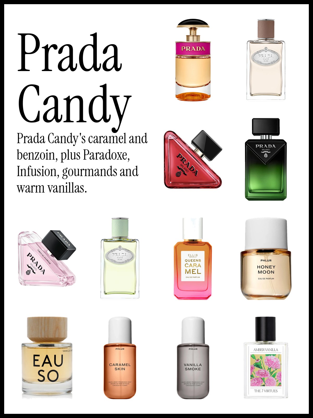 Collage of Prada Candy, Infusion de Vanille, Paradoxe and Paradigme with PHLUR, Ellis Brooklyn and The 7 Virtues perfume bottles