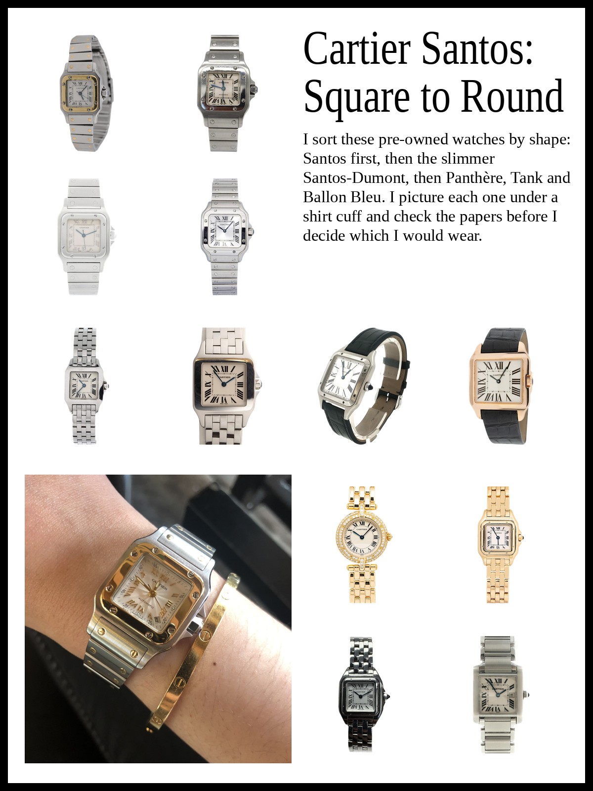 Collage of steel and two-tone square Santos watches, gold Santos-Dumont and Demoiselle watches, and Panthère, Tank and Ballon Bleu watches, and a mood photo of a steel and gold square watch with a gold bangle