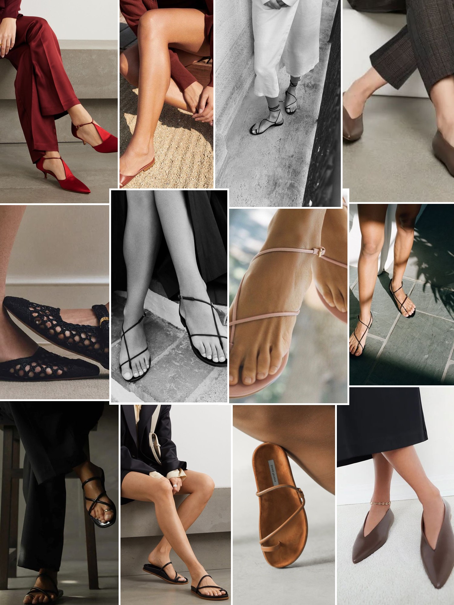 Collage of shoes styled with city, runway and evening outfits that capture the Emme Parsons mood