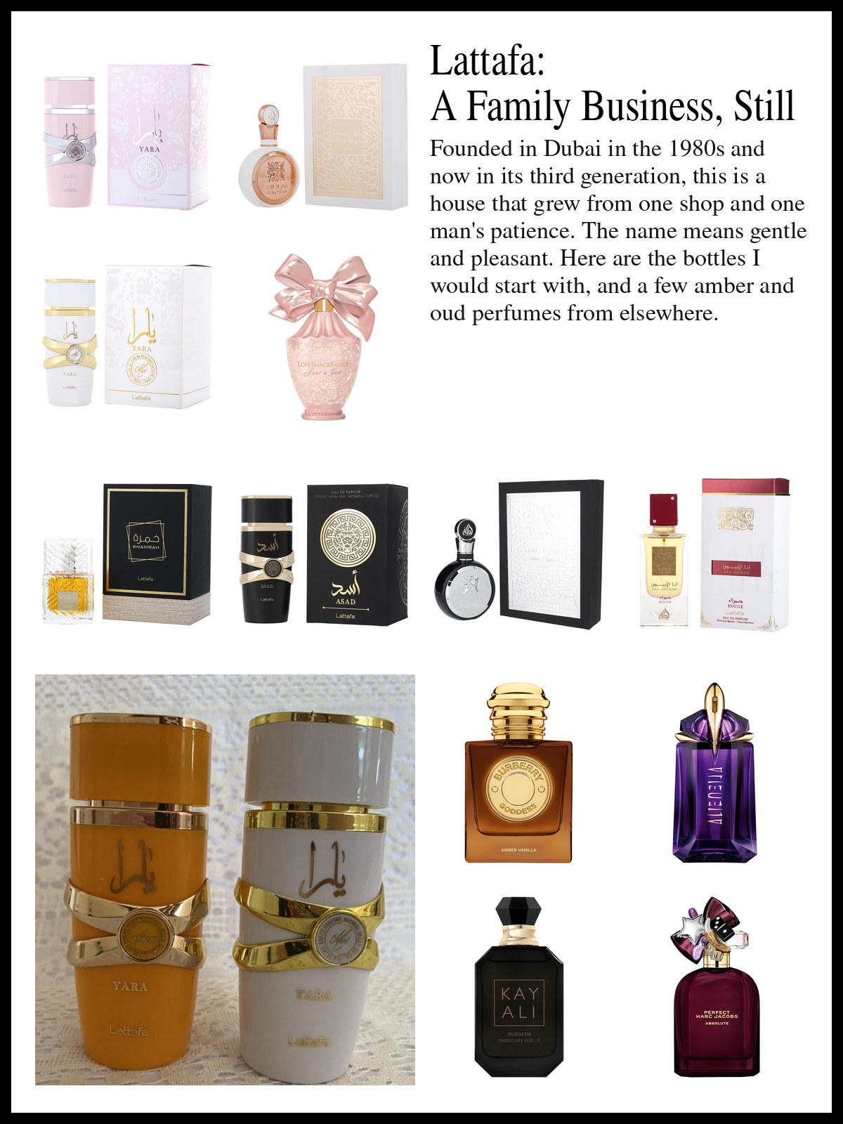 Collage of Lattafa bottles and amber and oud perfumes beside a photo of a nine-tile grid of fruit on steel dishes and blue and gray backdrops, with figs, kiwi, blood orange, cherries, blueberries, banana and a strawberry.
