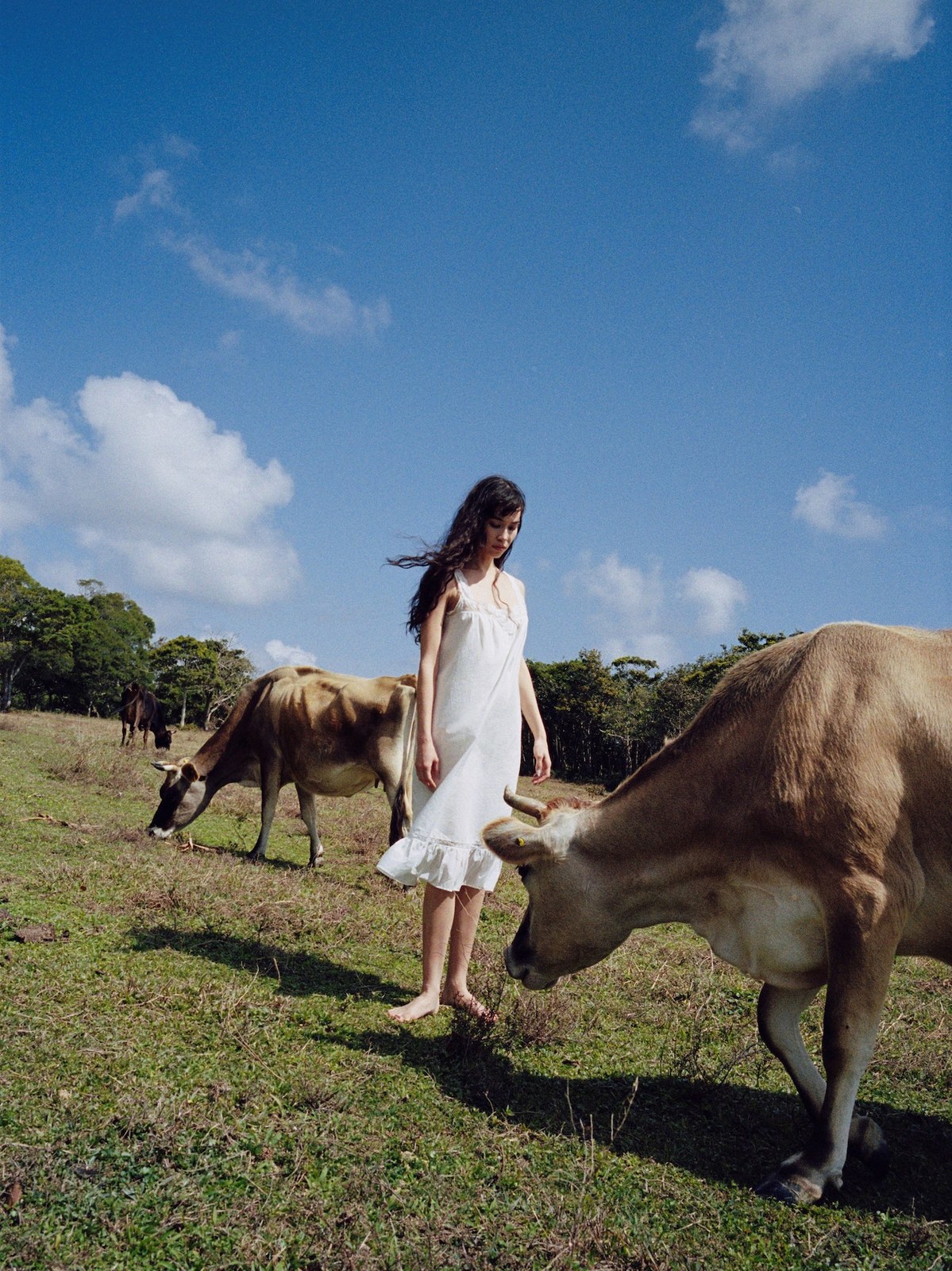 Kiko Mizuhara in a white Cou Cou dress in a green pasture