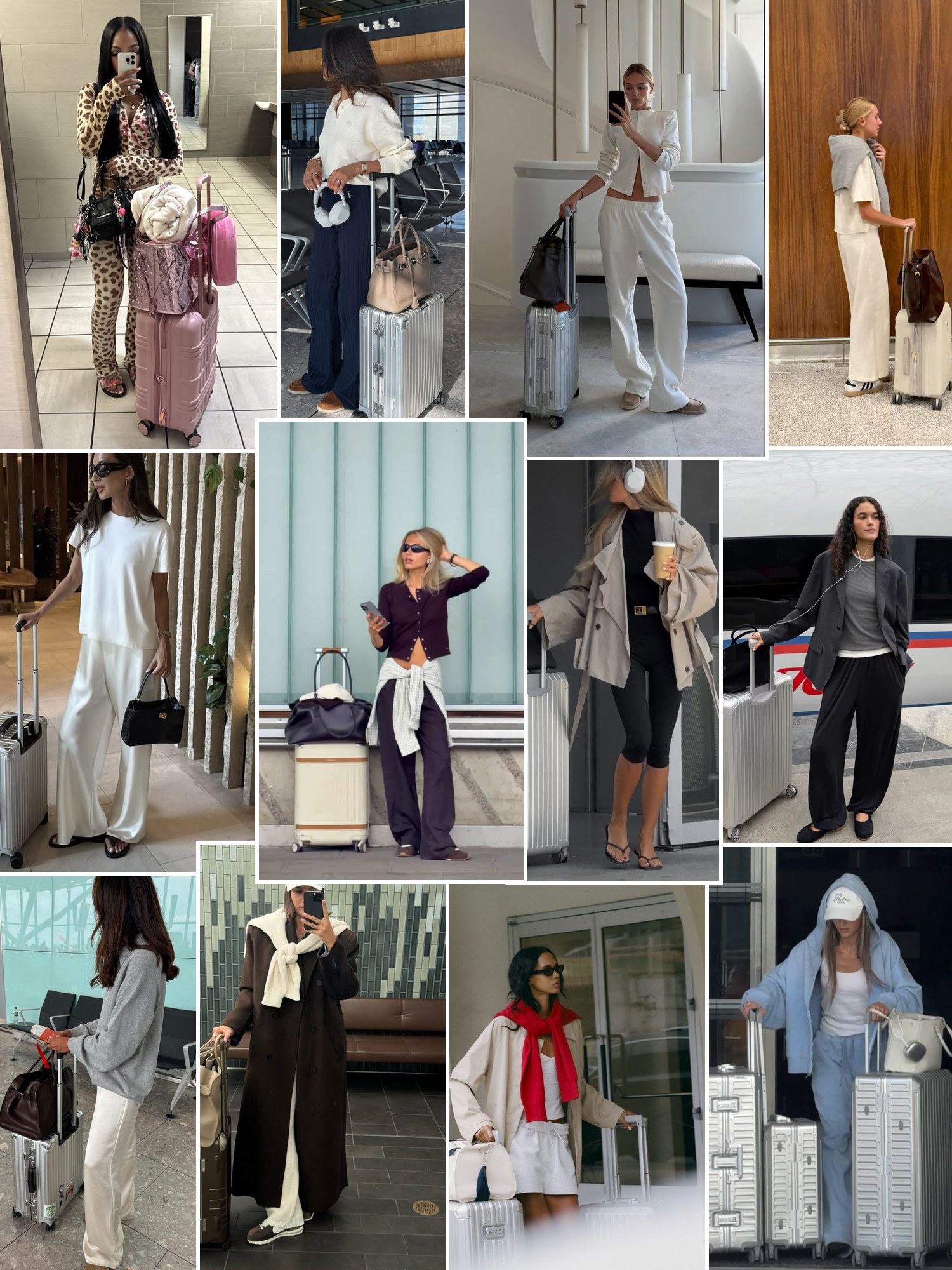 Collage of everyday outfits built around Monos luggage