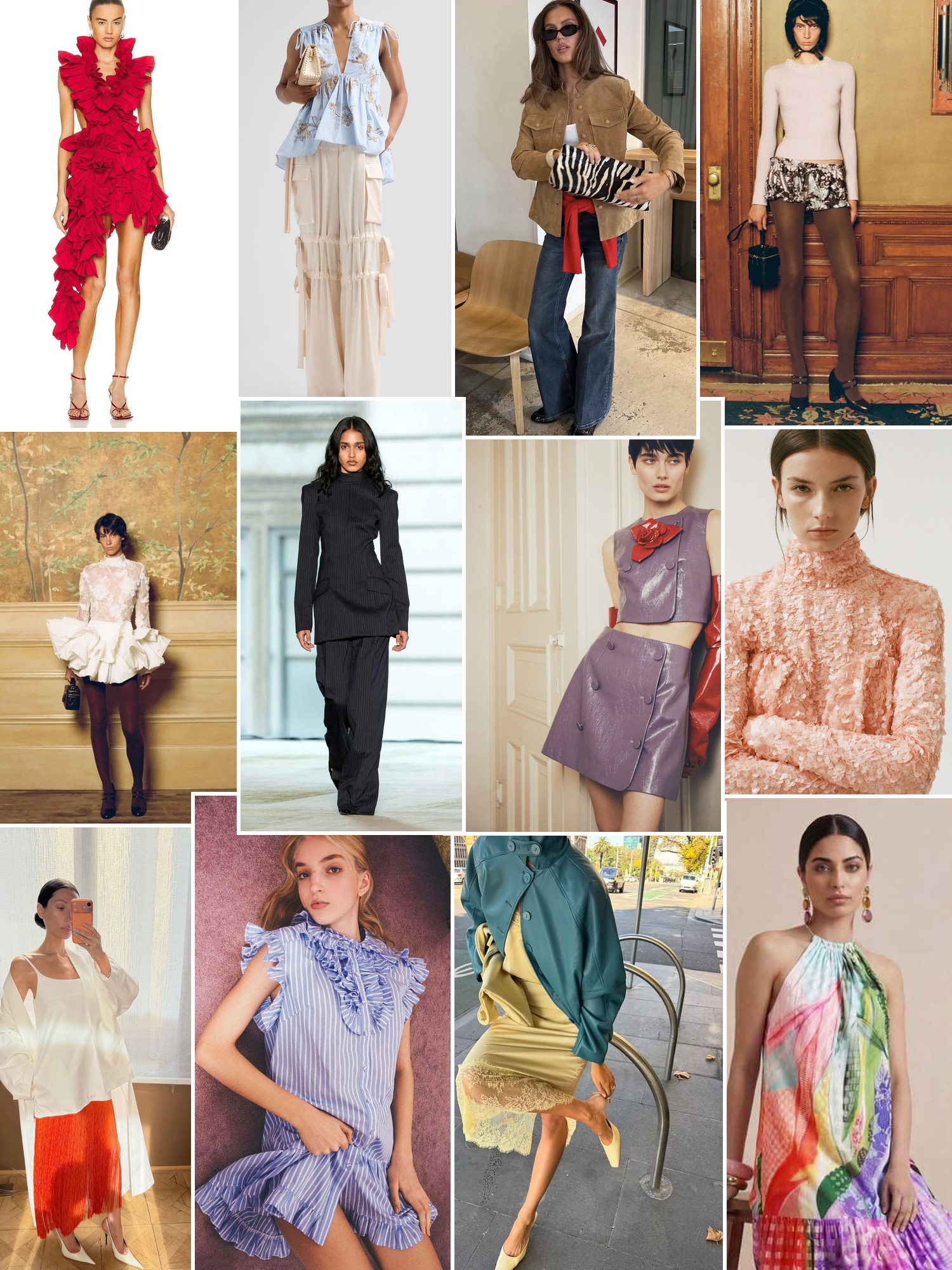 Collage of runway looks, campaign shots and street style outfits that capture the AKNVAS mood