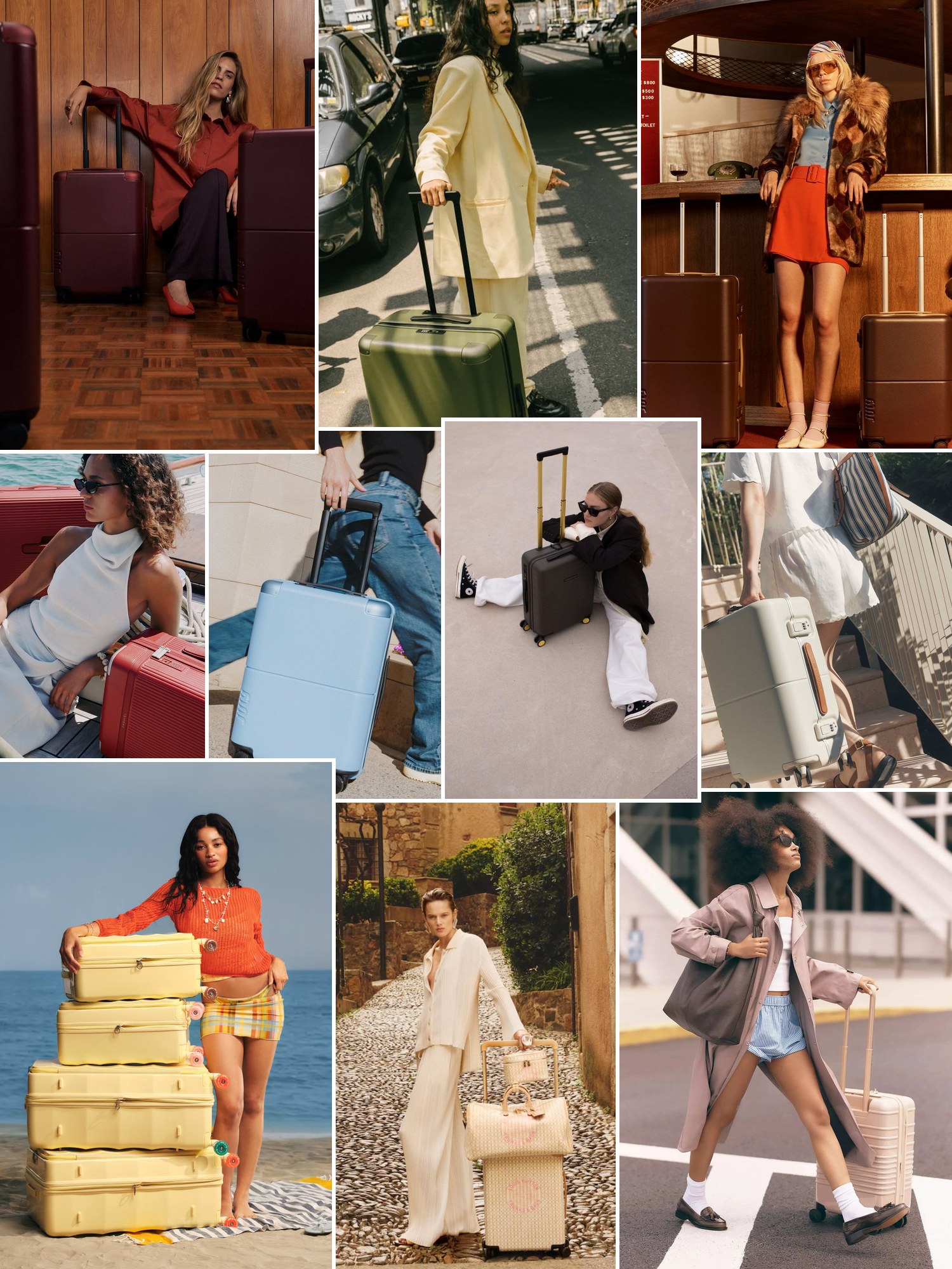 Street style collage of women wearing July luggage
