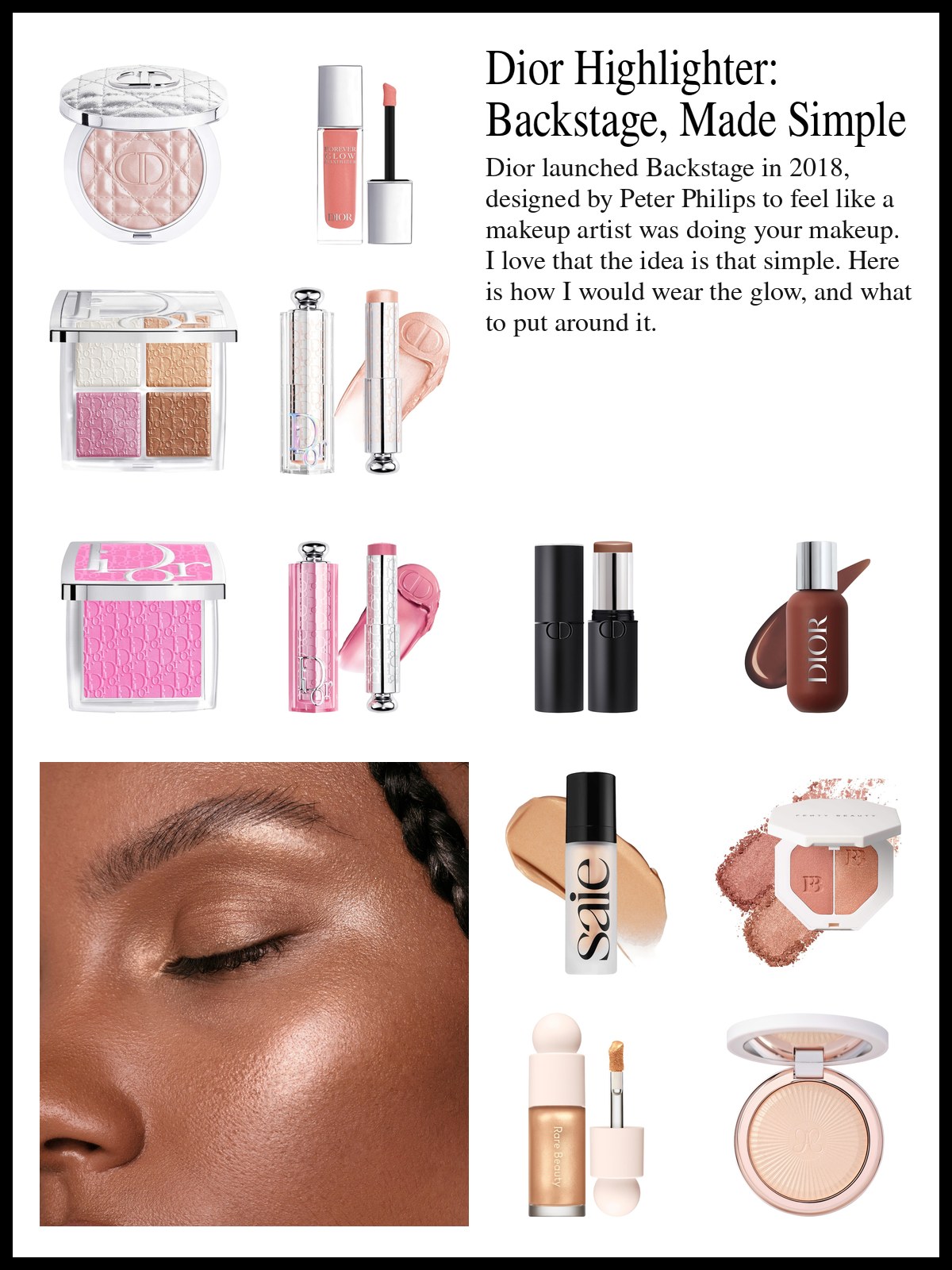 Collage of Dior highlighters, a glow palette, blush, contour stick and foundation, plus other powder and gel highlighters, and a mood photo of a glowing cheekbone in close-up.