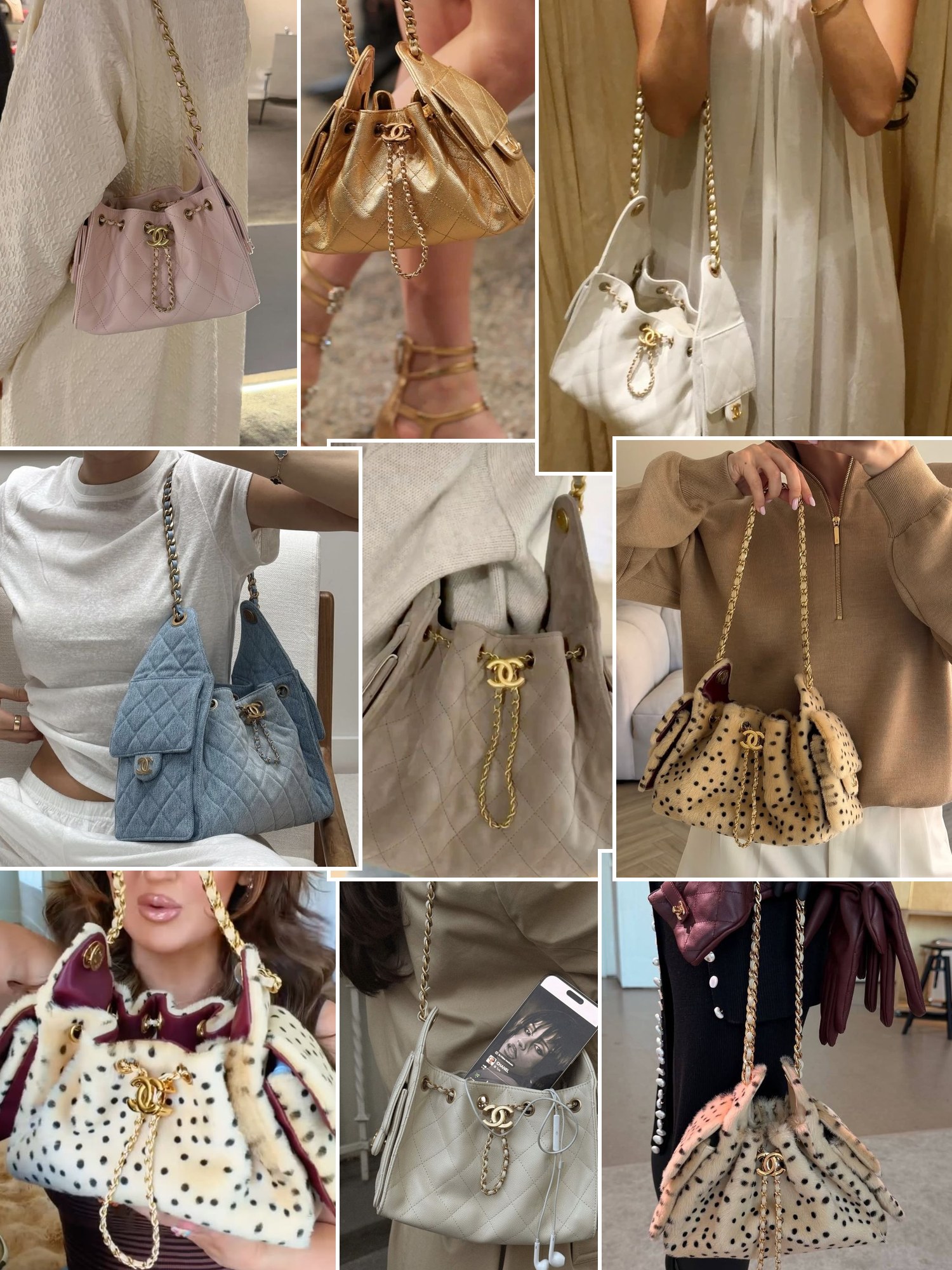 Collage of everyday outfits built around Chanel 25 mini