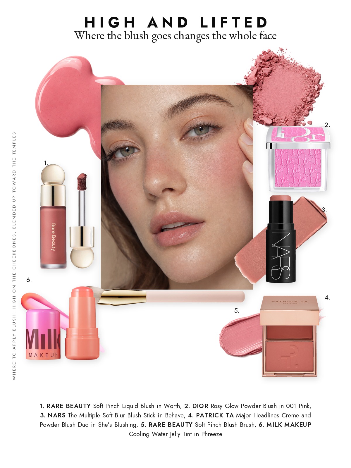 Magazine page collage for Where to Apply Blush for a High, Lifted Flush, featuring Rare Beauty, Dior, NARS, Patrick Ta and Milk Makeup