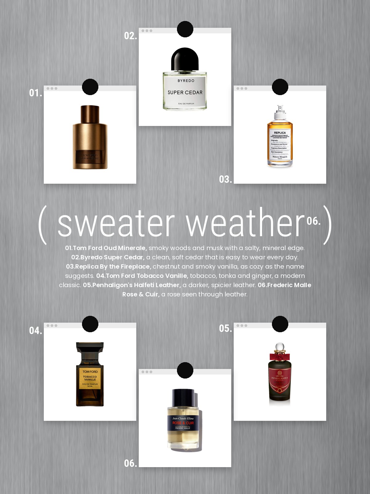 Loved lately collage of six pinned cards on brushed metal: Tom Ford Oud Minerale, Byredo Super Cedar, Replica By the Fireplace, Tom Ford Tobacco Vanille, Penhaligon's Halfeti Leather and Frederic Malle Rose & Cuir