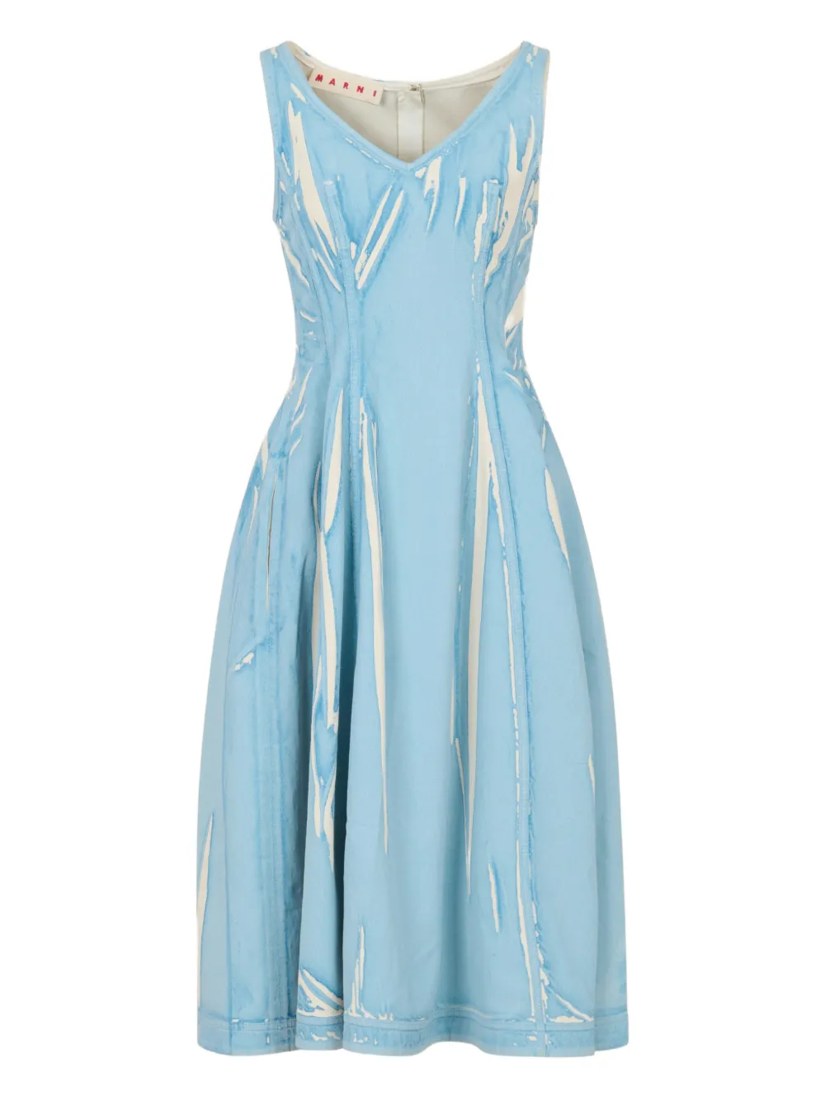 Screen-printed denim midi dress