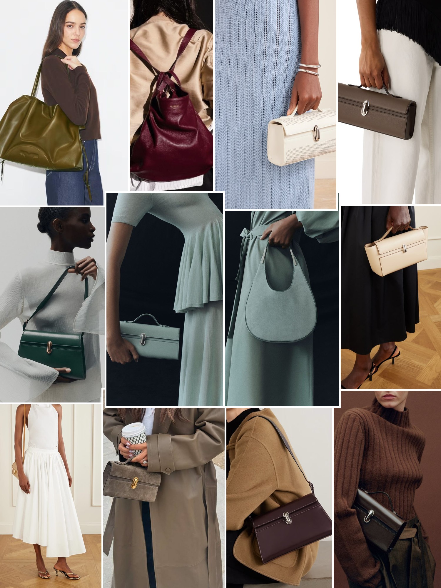 Collage of handbags carried with polished city outfits that capture the Savette mood