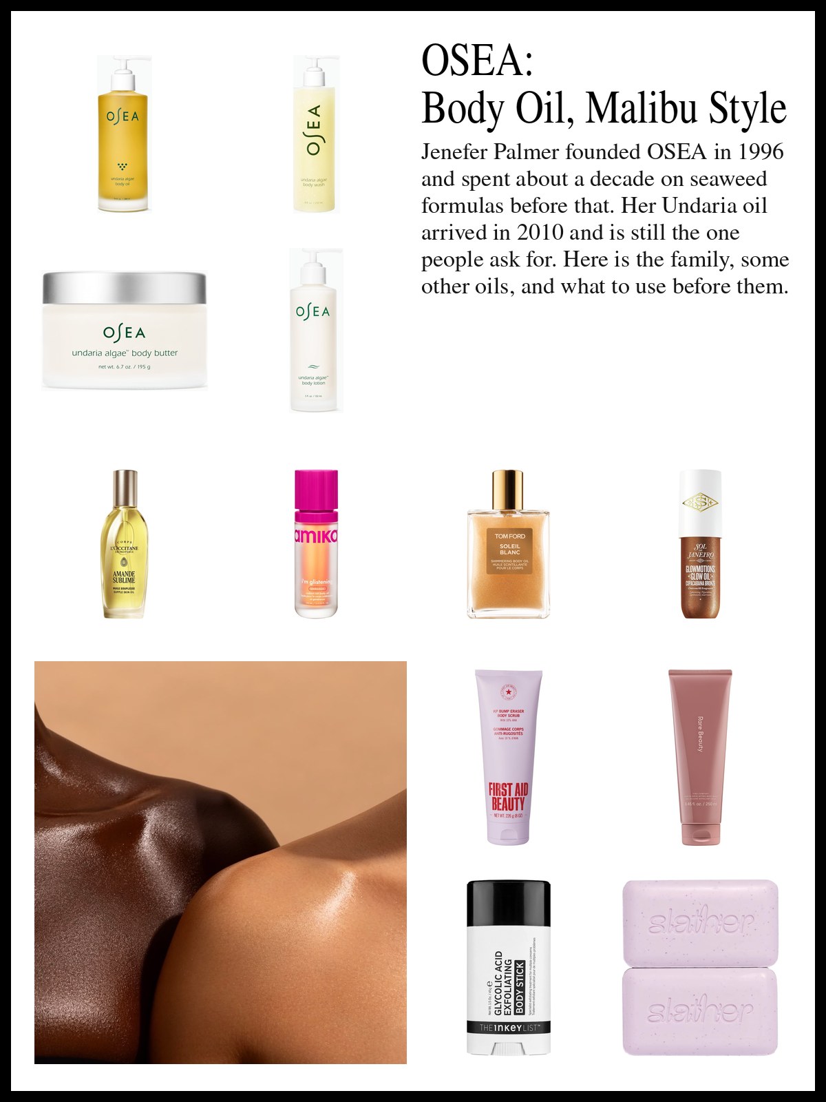 Collage of seaweed body oil, body wash, butter, glowing body oils and exfoliating scrubs beside a sunlit ocean-toned still life and a mood photo of a glossy bare shoulder.