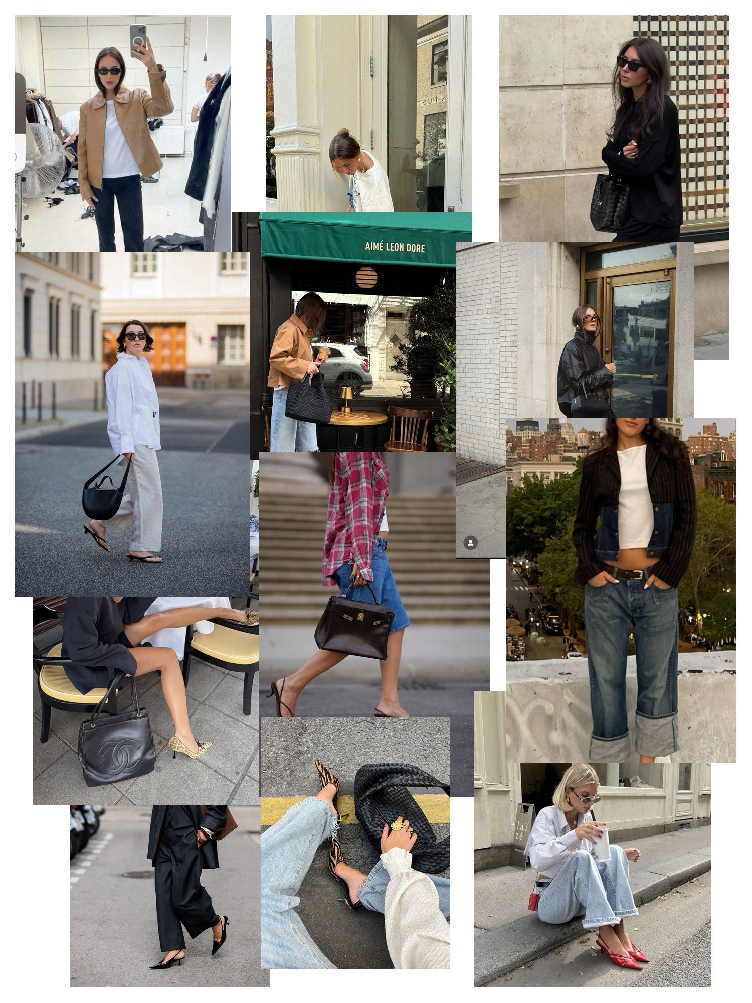 Street-style collage of 12 outfit photos featuring coach kitten heels, scattered and overlapping
