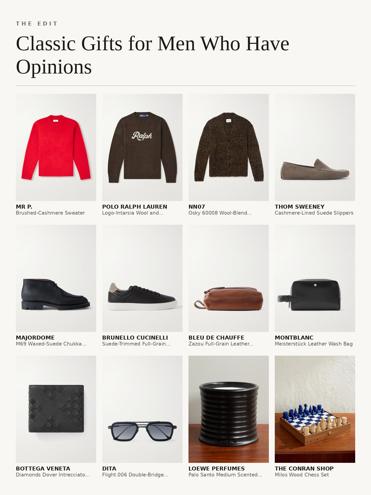 Collage of classic men's gifts: cashmere sweaters, pajama sets, suede slippers, leather wash bags, wallets, sunglasses, candles and a chess set