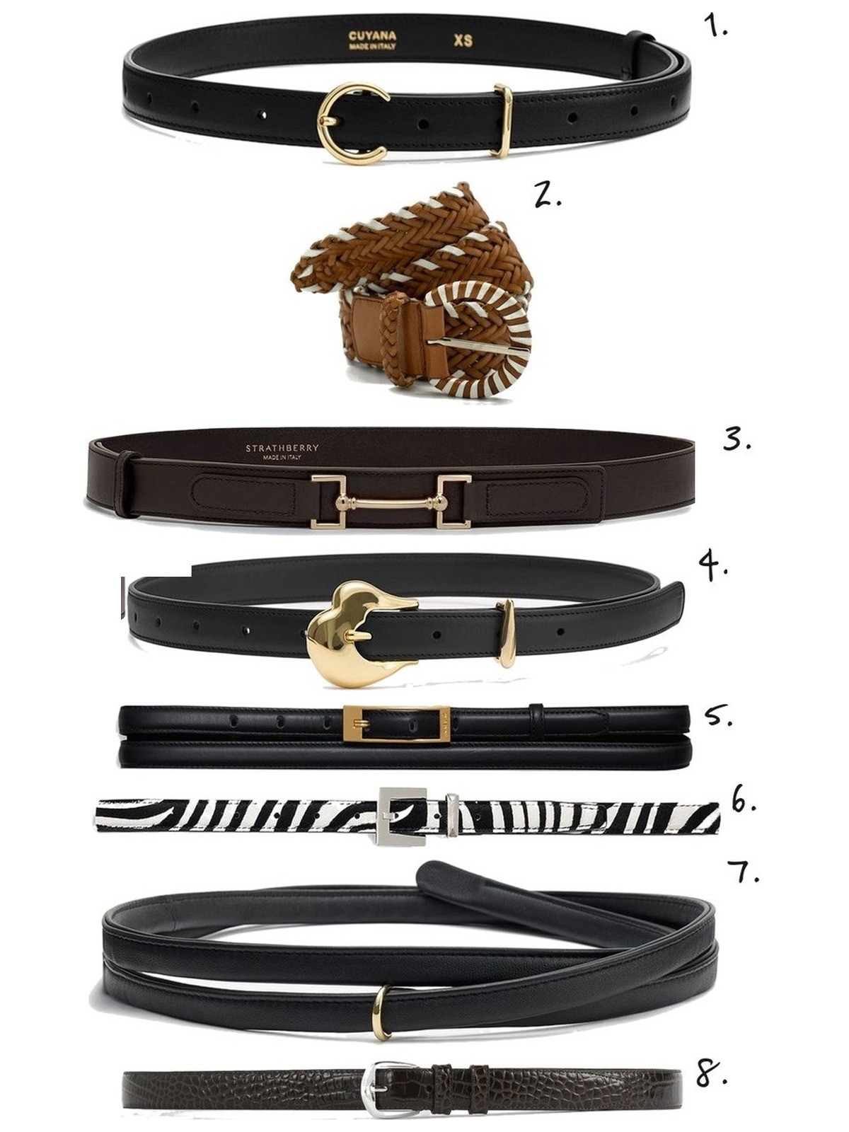 Numbered collage: 1. Cuyana Crescent Buckle Belt; 2. Dragon Diffusion 16 Ply Handwoven Belt in Tan and White; 3. Strathberry Stockbridge Belt in Espresso; 4. Cuyana Celestia Belt; 5. Anine Bing Double Elly Belt; 6. Anine Bing Nicola Belt in Zebra; 7. Cuyana Wrap Belt; 8. Toteme 2.5cm Croc-Embossed Belt in Dark Brown