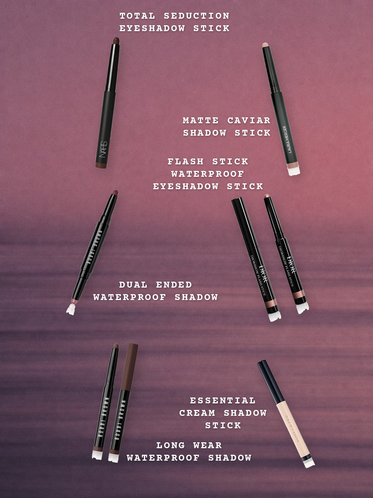 Floating-products collage featuring eyeshadow sticks from NARS, Laura Mercier, Bobbi Brown, Dior, and Estée Lauder.