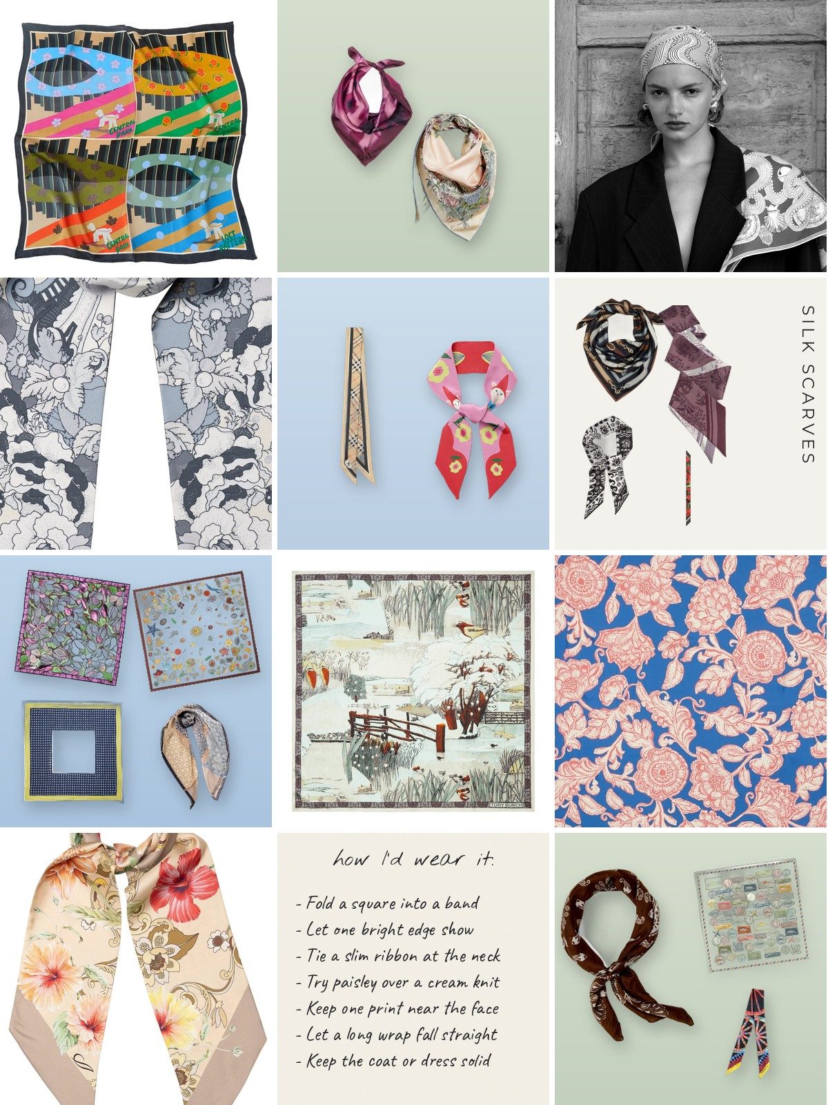 Collage: twenty Silk scarf products with a how I would wear it note