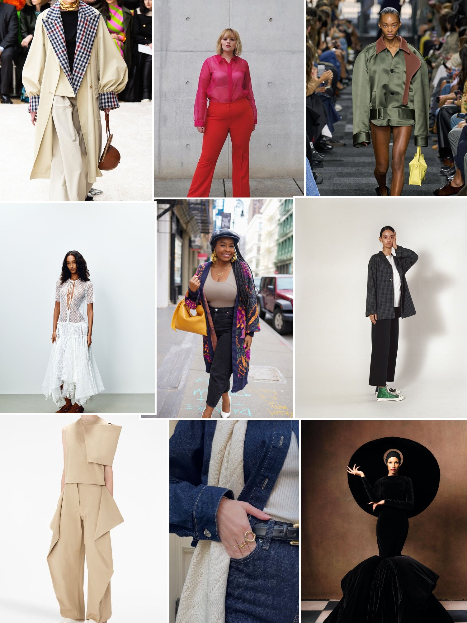 Collage of runway looks, campaign shots and street style outfits that capture the JW Anderson mood