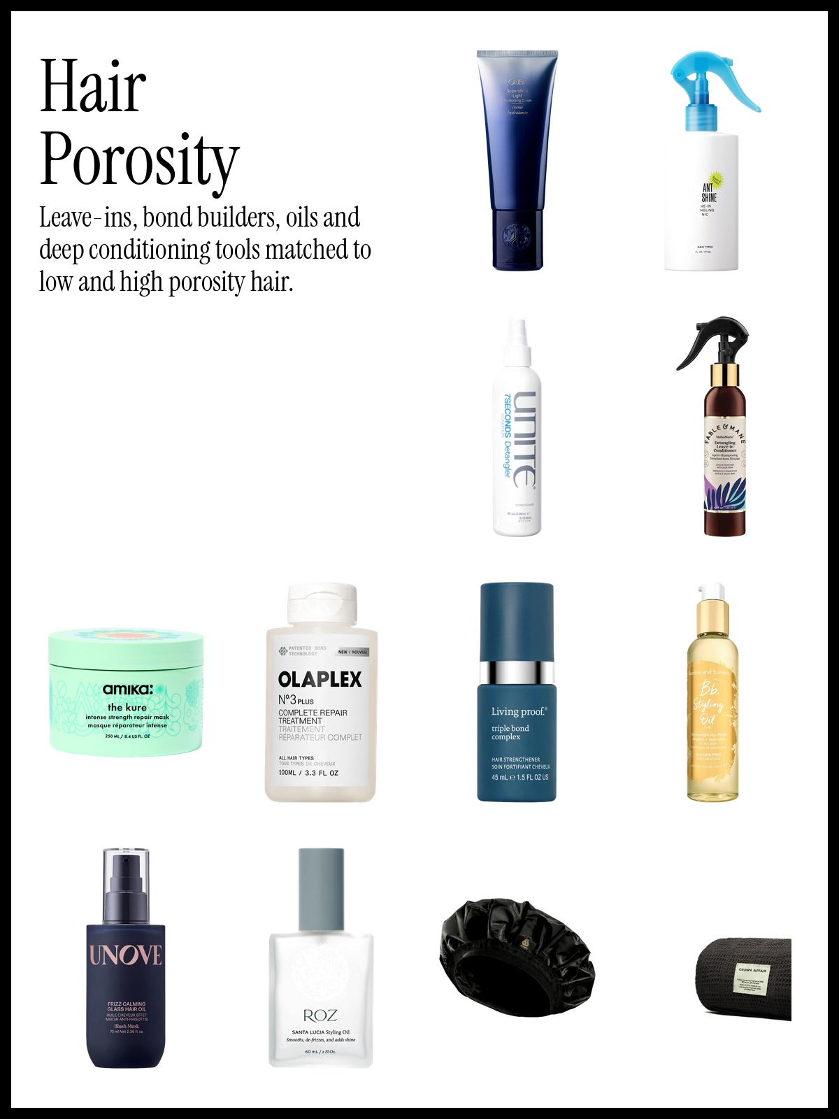 Collage of Oribe Supershine Light Moisturizing Leave-In Hair Cream, amika The Kure mask and Bumble and bumble Styling Oil