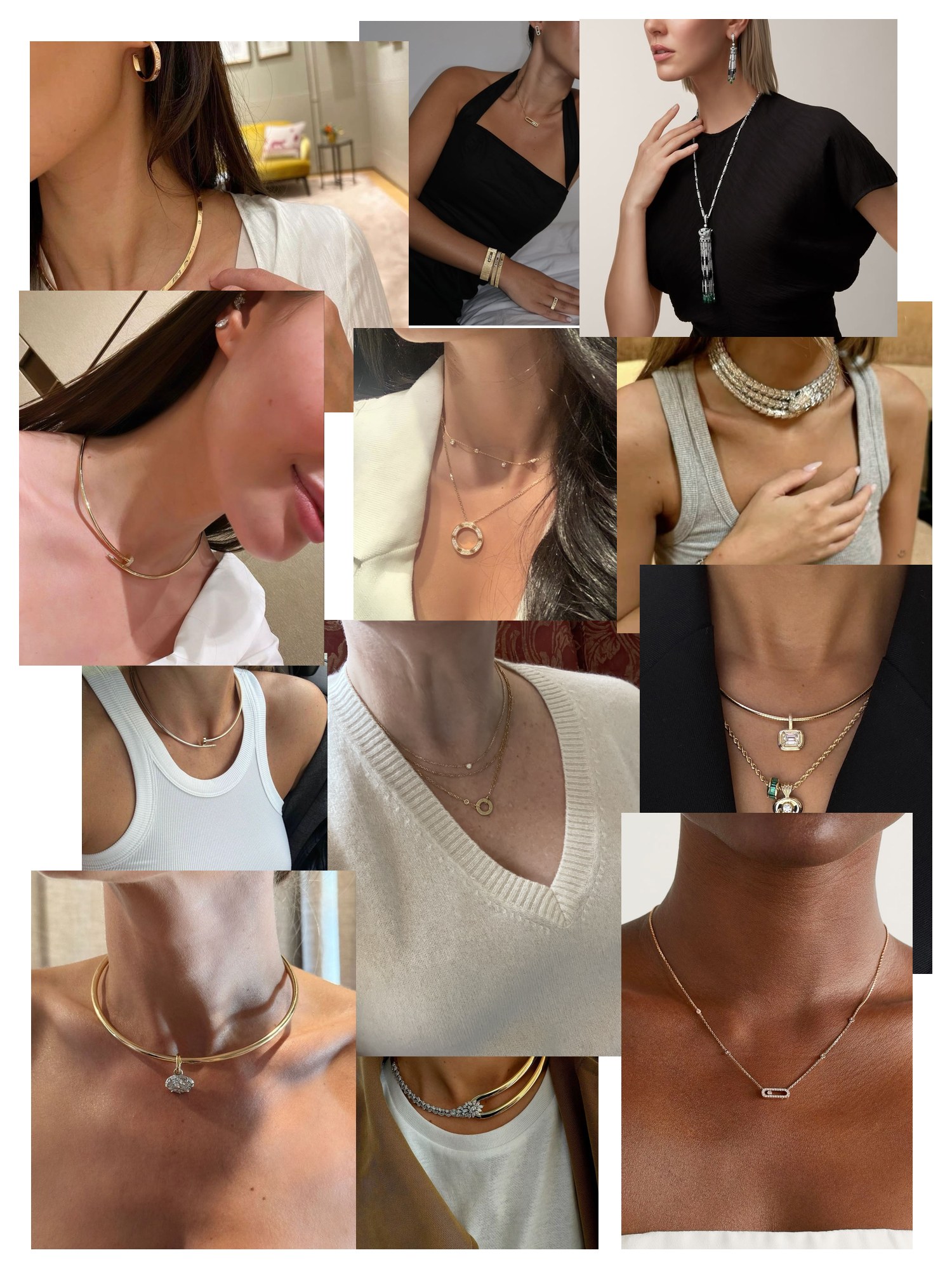Collage of twelve street-style and editorial photos featuring Cartier Necklace, scattered and overlapping
