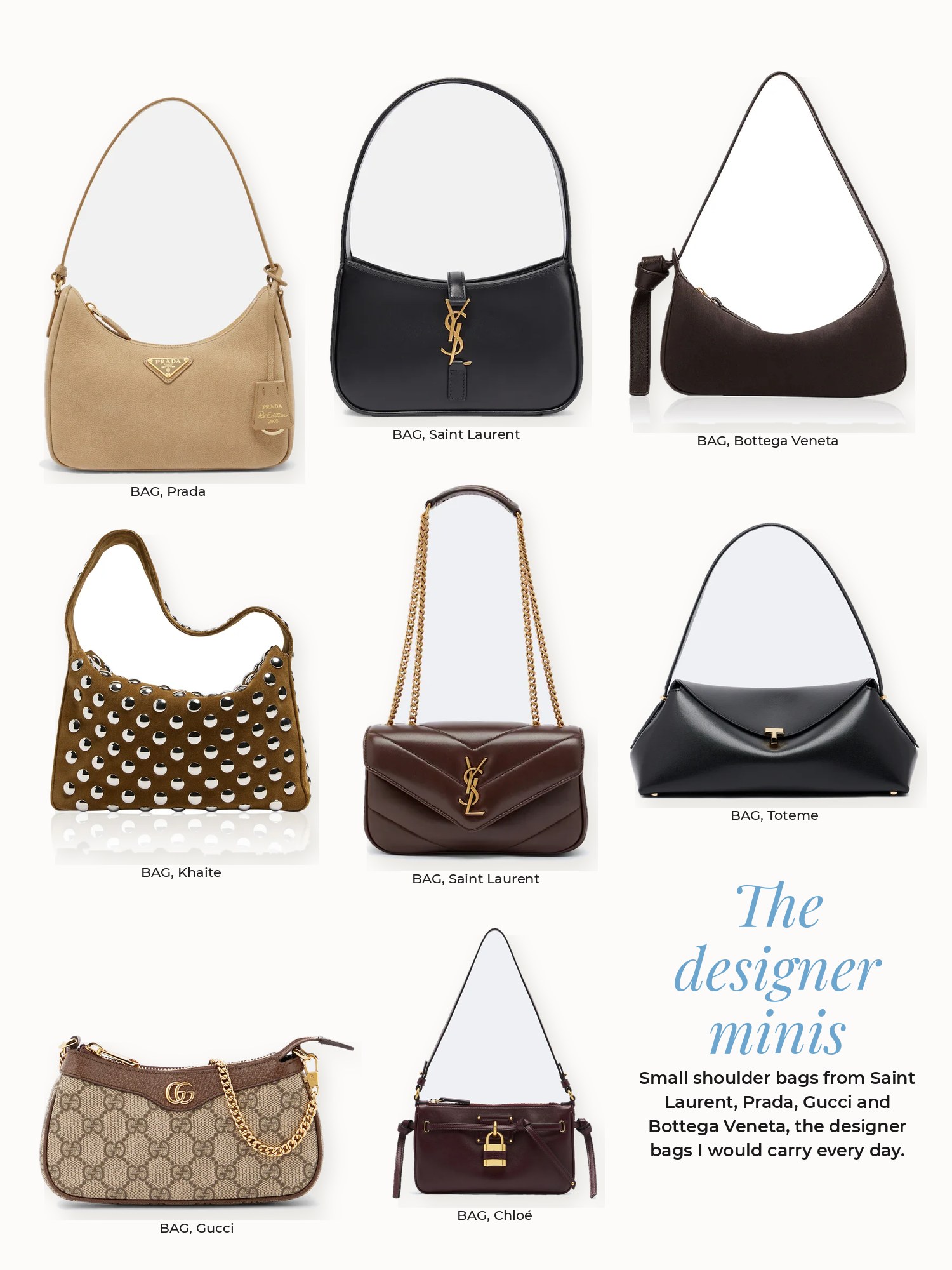 Designer bags collage: Saint Laurent, Prada, Gucci, Bottega Veneta, Chloé, Toteme and Khaite mini shoulder bags