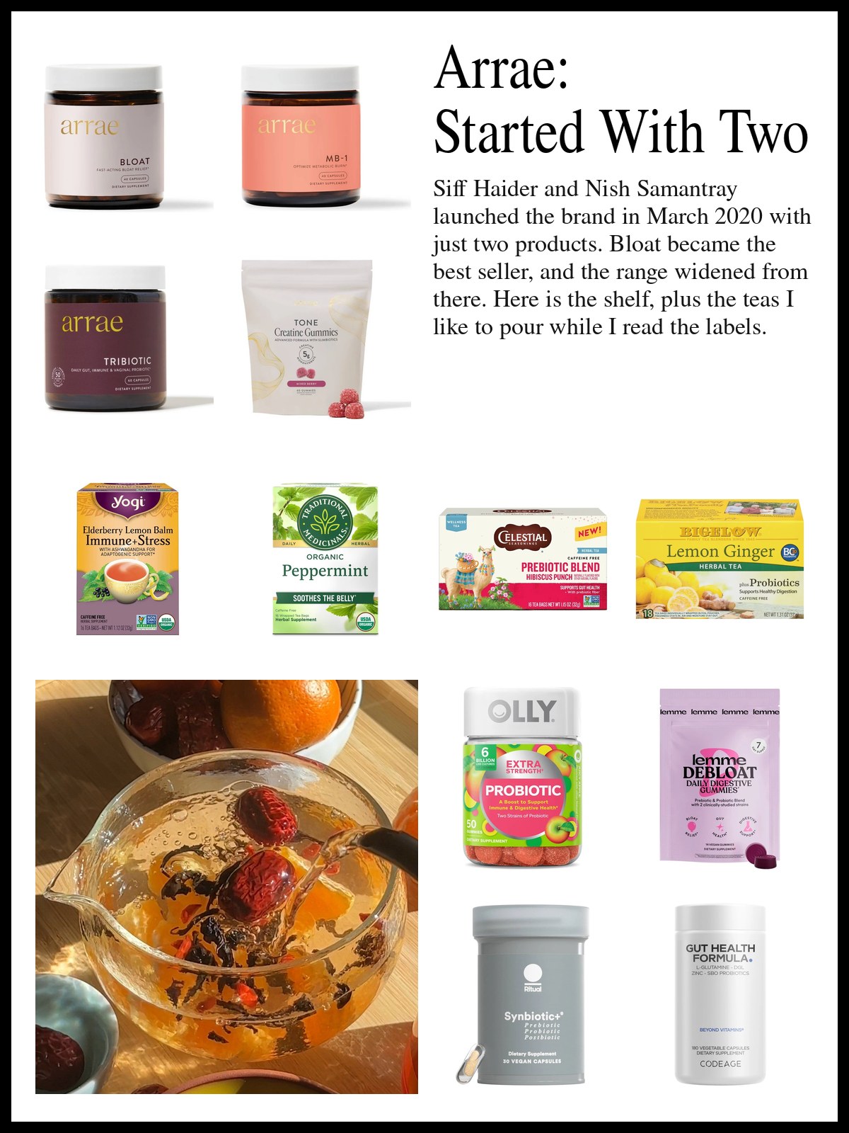 Collage of Arrae capsules and creatine gummies, herbal tea bags and probiotic gummies and capsules beside a mood photo of a glass teapot of herbal tea with fruit.