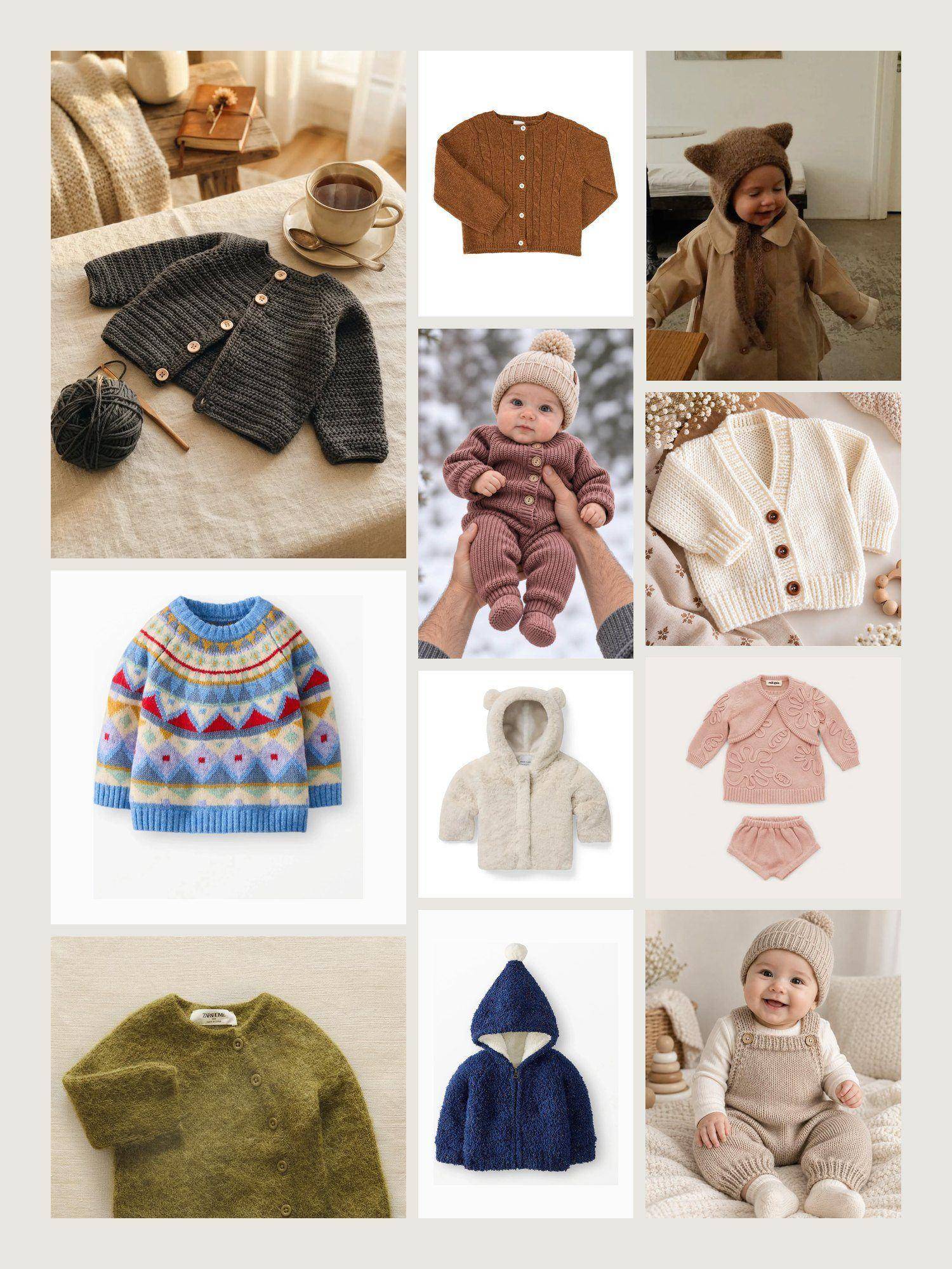 Vibe collage for baby jackets and knits: hand-knit cardigans, a snowsuit in the snow and the sweaters and jackets from the grid below