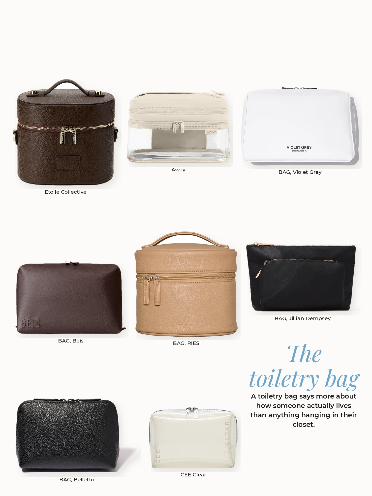 Toiletry bag collage: Away, Belletto, Béis, CEE Clear, Etoile Collective, Jillian Dempsey, RIES, Violet Grey