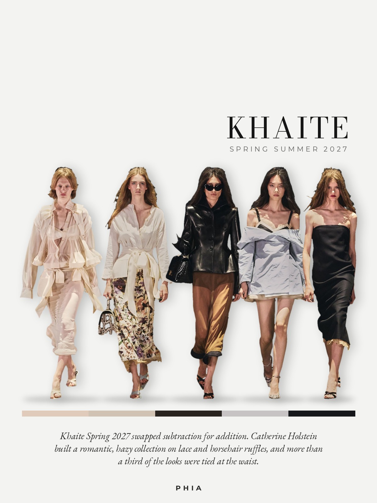 Collage: Khaite Spring 2027 runway lineup with a color palette bar
