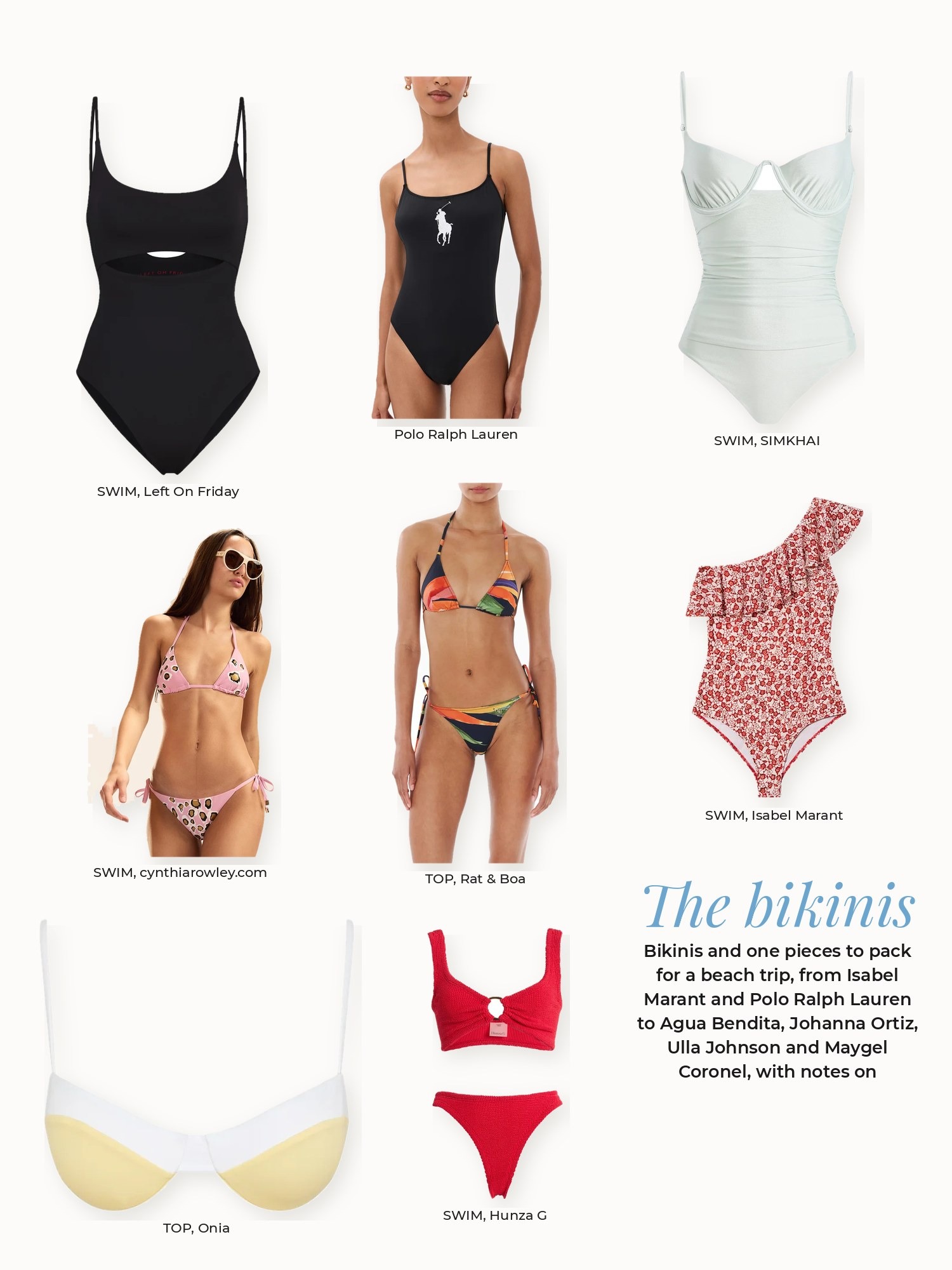Bikinis collage: Hunza G, Isabel Marant, Left On Friday, Onia, Polo Ralph Lauren, Rat & Boa, SIMKHAI, cynthiarowley.com