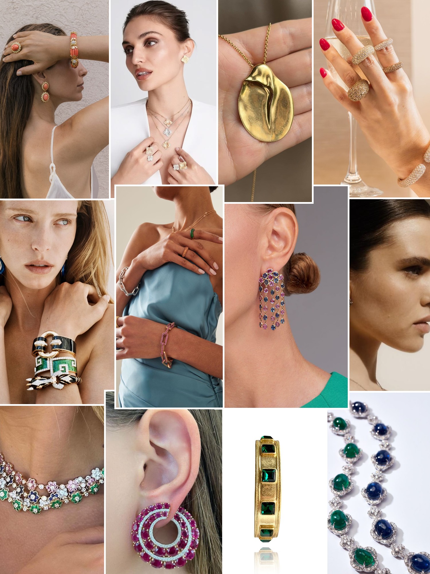 Collage of rings, earrings and layered necklaces worn up close, in the spirit of Piranesi