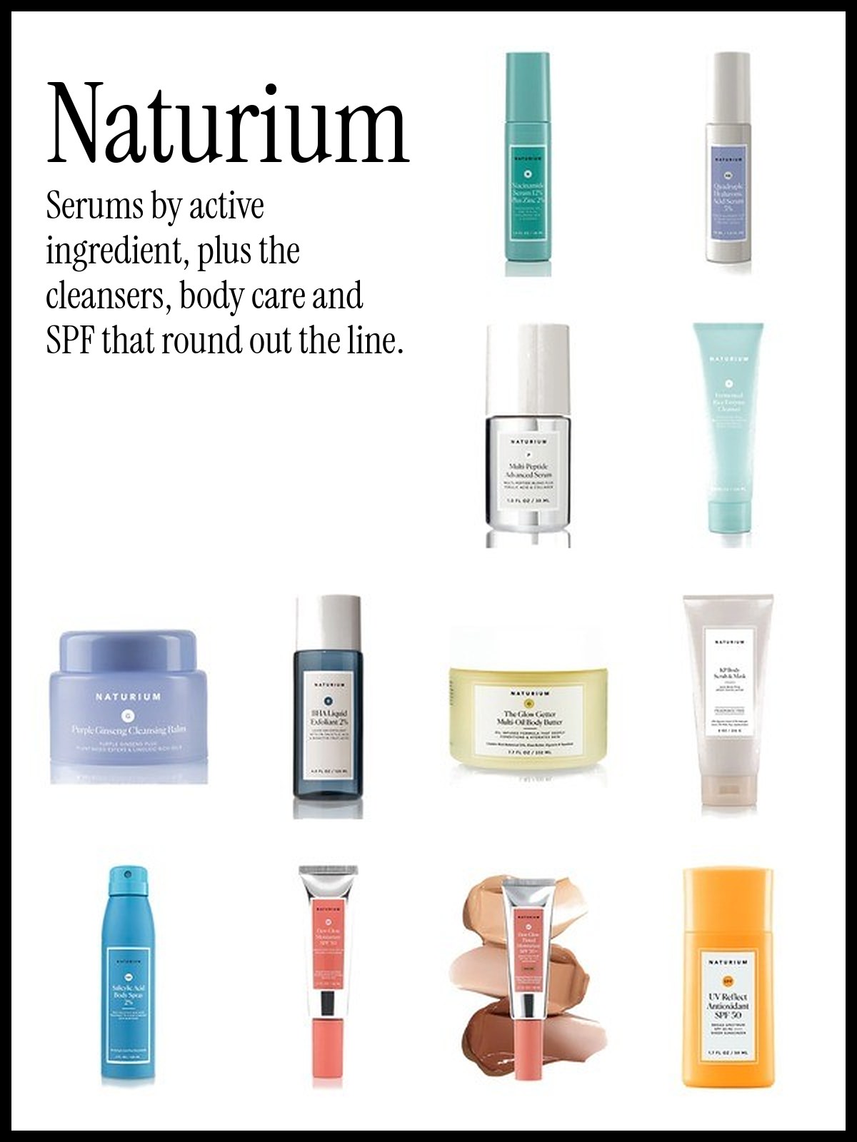 Collage of Naturium serums, cleansers, body care and SPF moisturizers