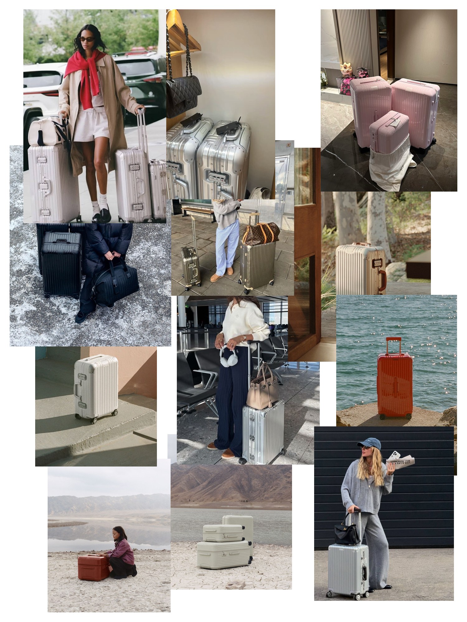 Collage of twelve street-style and editorial photos featuring Rimowa Luggage, scattered and overlapping