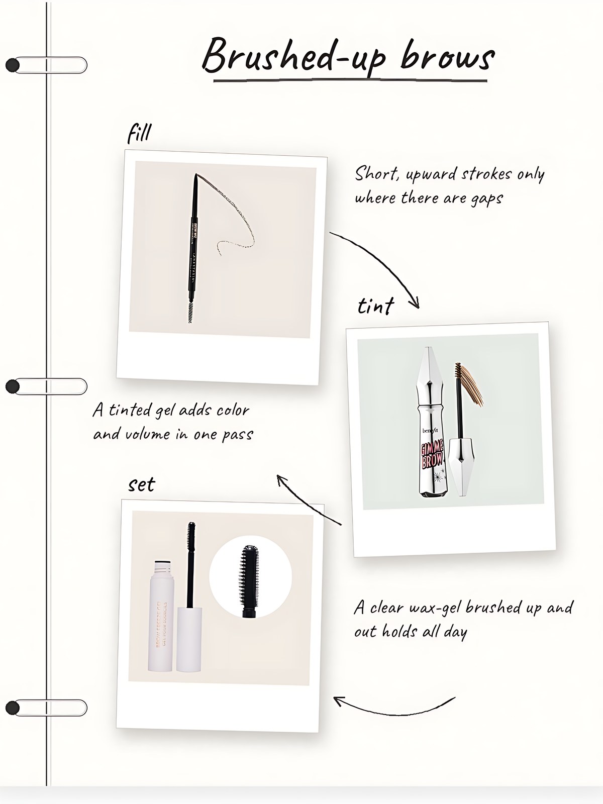 Notebook collage showing Anastasia Beverly Hills Brow Wiz, Benefit Gimme Brow+ and Anastasia Beverly Hills Brow Freeze as three steps for brushed-up brows