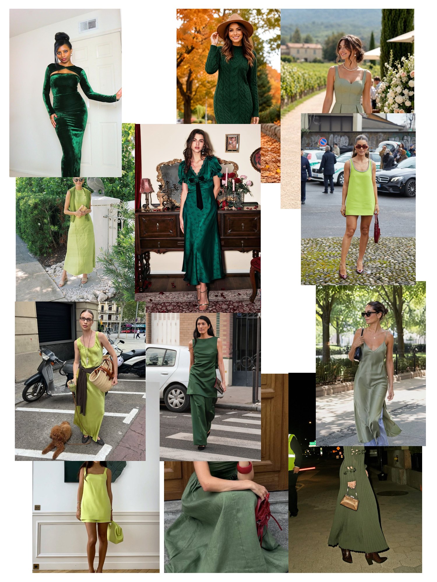 Street-style collage of 12 outfit photos featuring green dress, scattered and overlapping