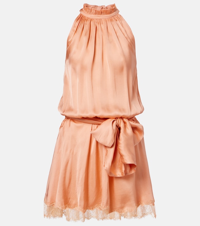 Silvia belted lace-trimmed satin minidress