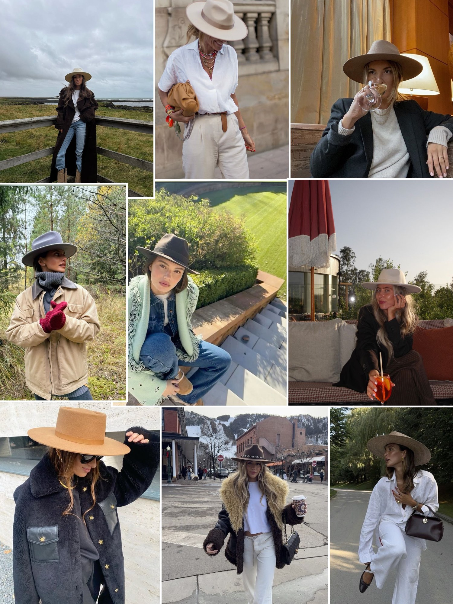Collage of fall outfits with cream, black and camel wide brim hats