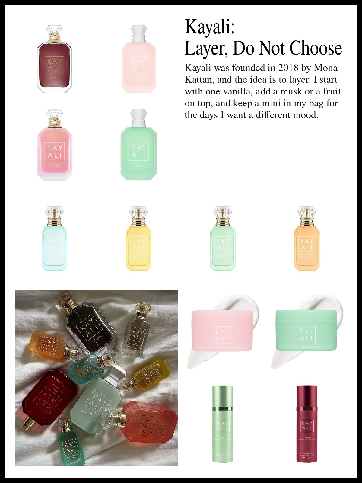 Collage of Kayali full-size eaux de parfum, mini and travel sprays, and body creams, body sprays and gift sets, and a mood photo of Kayali perfume bottles scattered across white sheets.